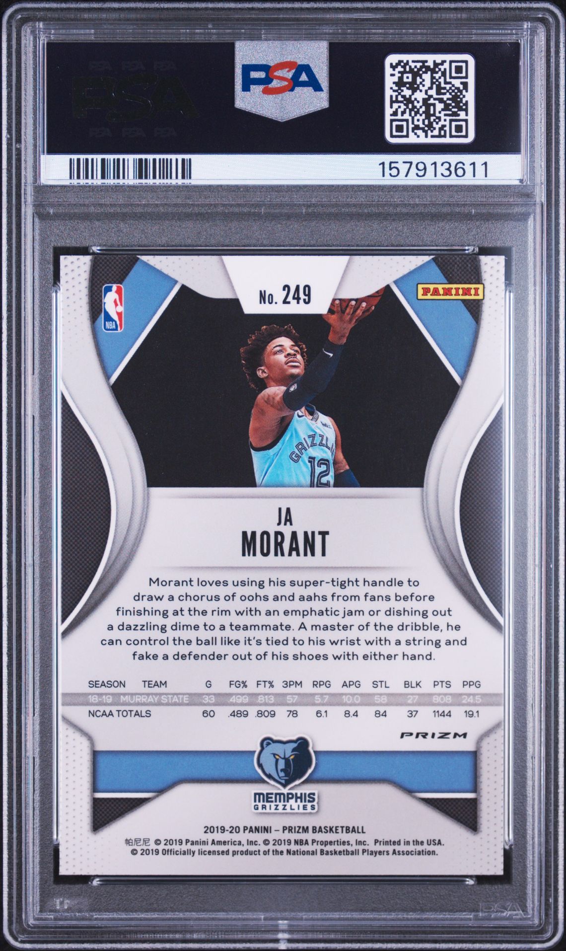 2019 Panini Prizm Ja Morant #249 (Variation-Fast Break Prizm) Nm-Mt 8 back