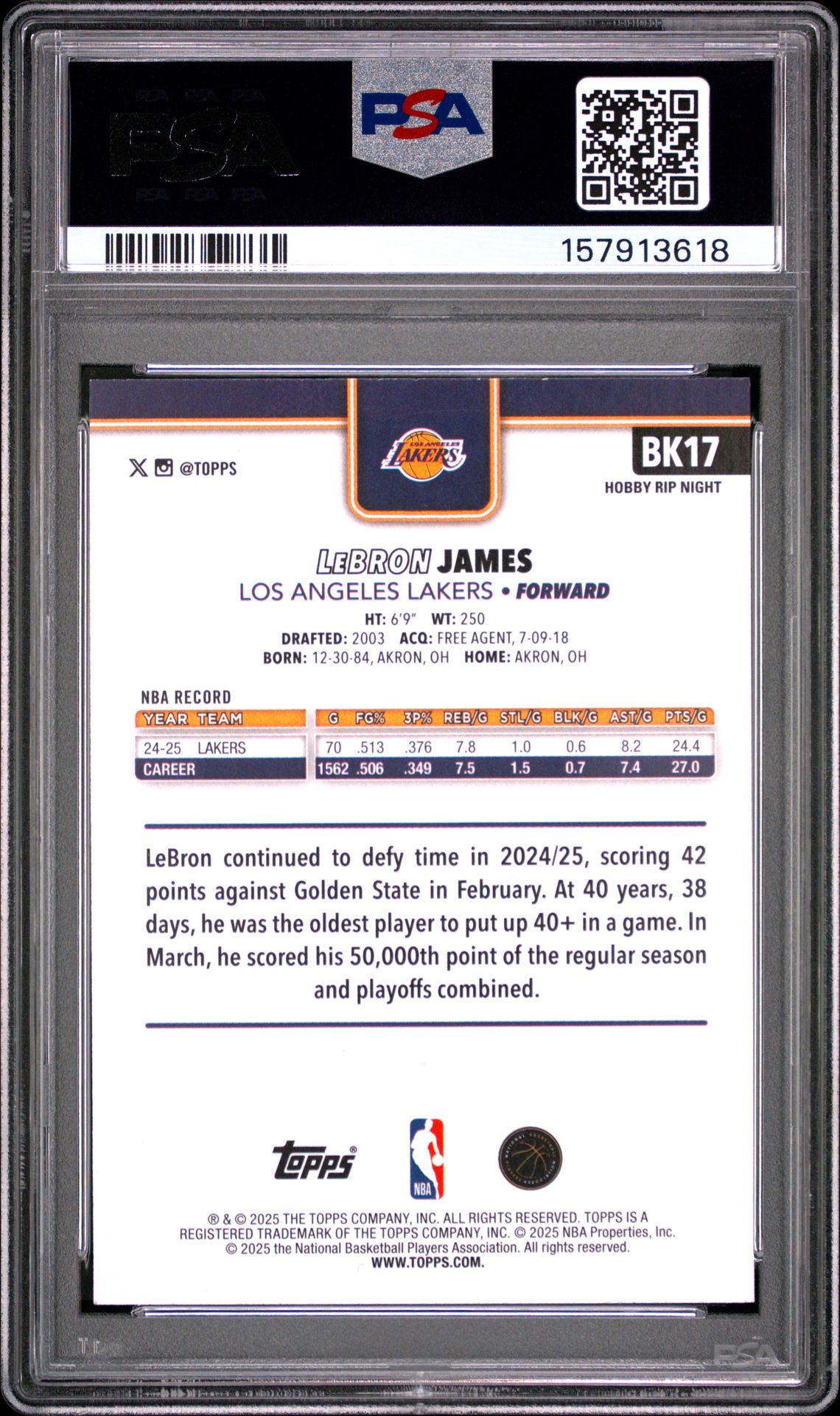 2026 Topps Hobby Rip Night Lebron James #Bk17 Mint 9 back