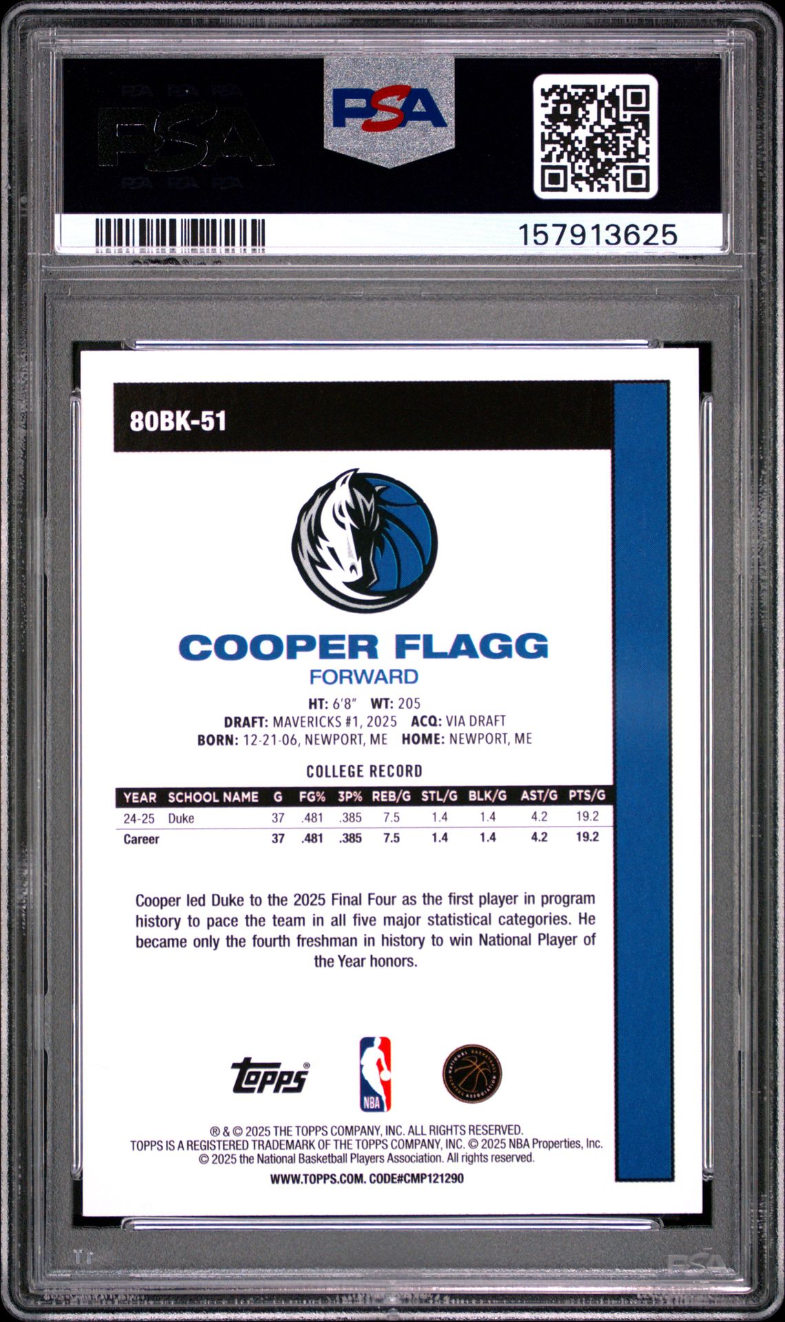 2025 Topps 1980-81 Topps Basketball Cooper Flagg #80Bk-51 Nm-Mt 8 back