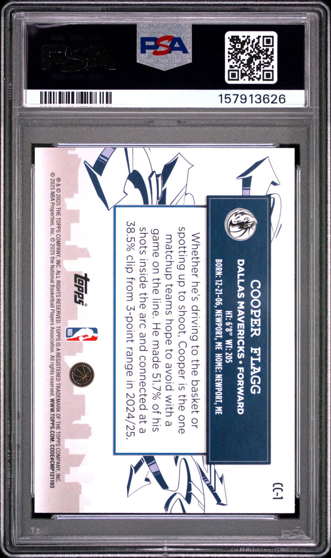 2025 TOPPS CLUTCH CITY PROSPECTS COOPER FLAGG  CC-1 GEM MT 10 back