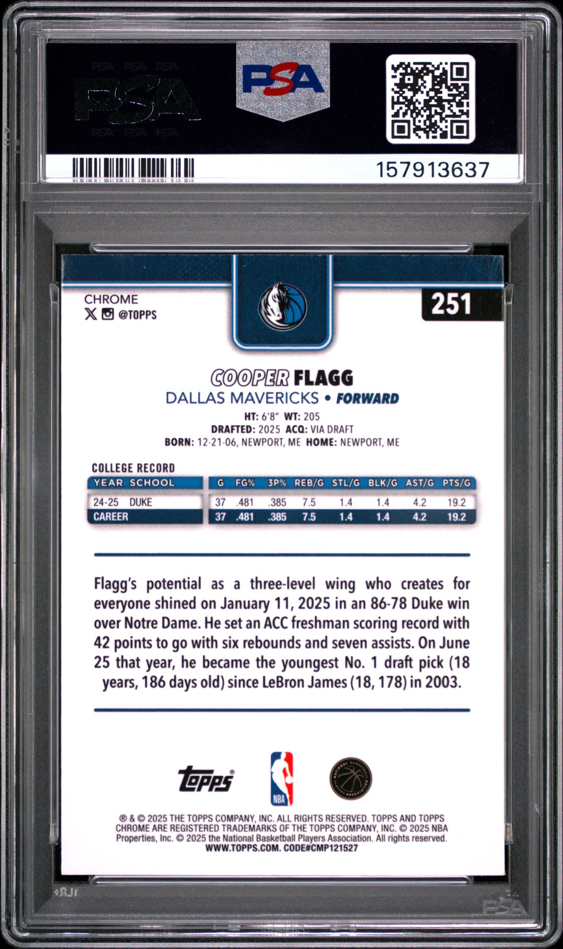 2025 Topps Chrome Cooper Flagg #251 Mint 9 back