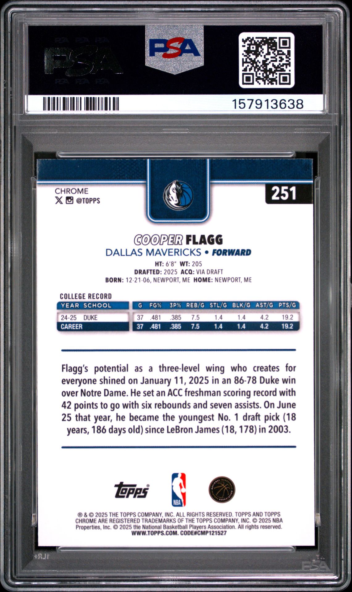 2025 Topps Chrome Cooper Flagg #251 Nm-Mt 8 back