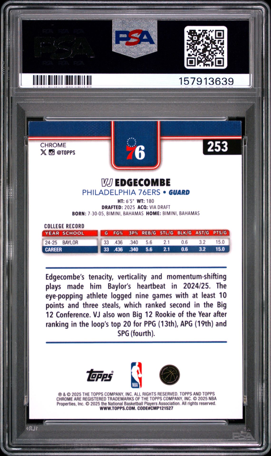 2025 Topps Chrome Vj Edgecombe #253 Mint 9 back