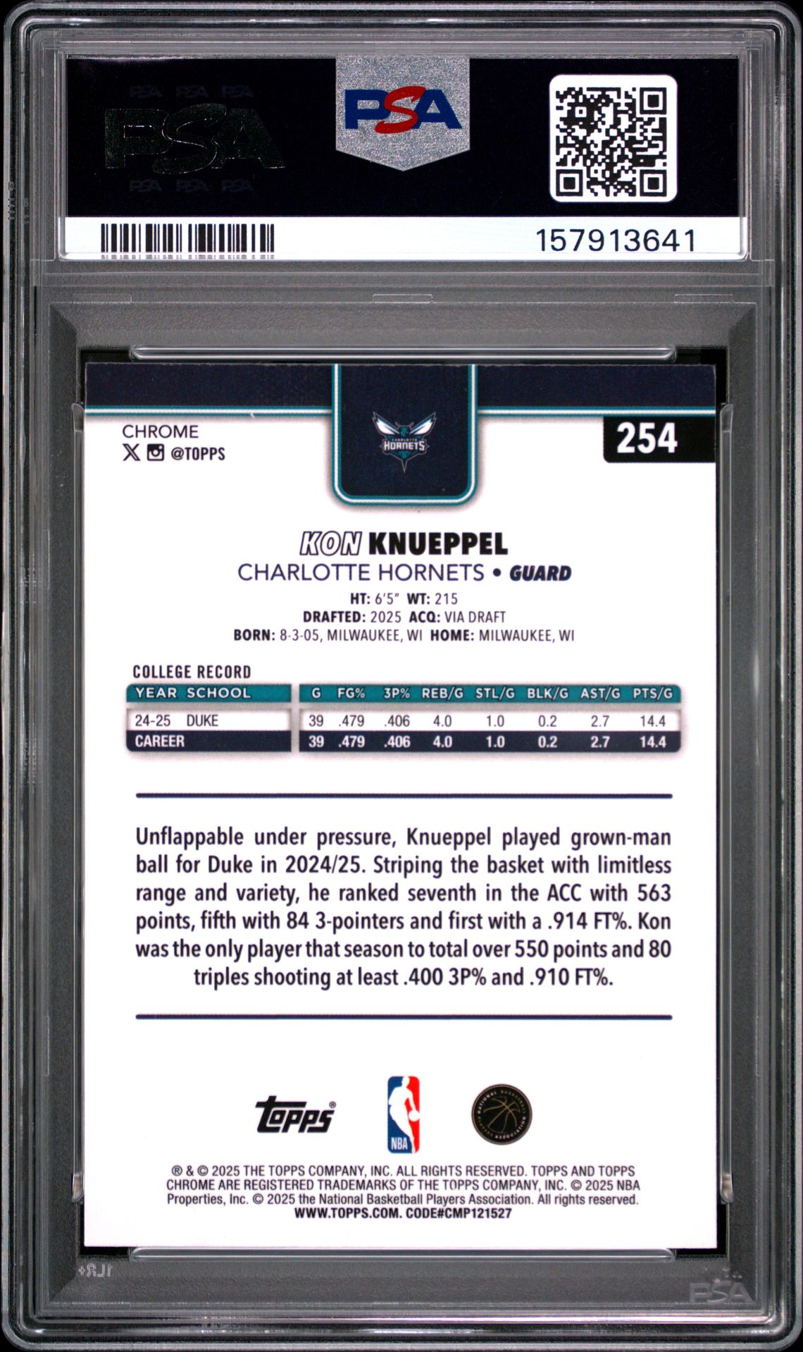 2025 TOPPS CHROME KON KNUEPPEL  254 GEM MT 10 back