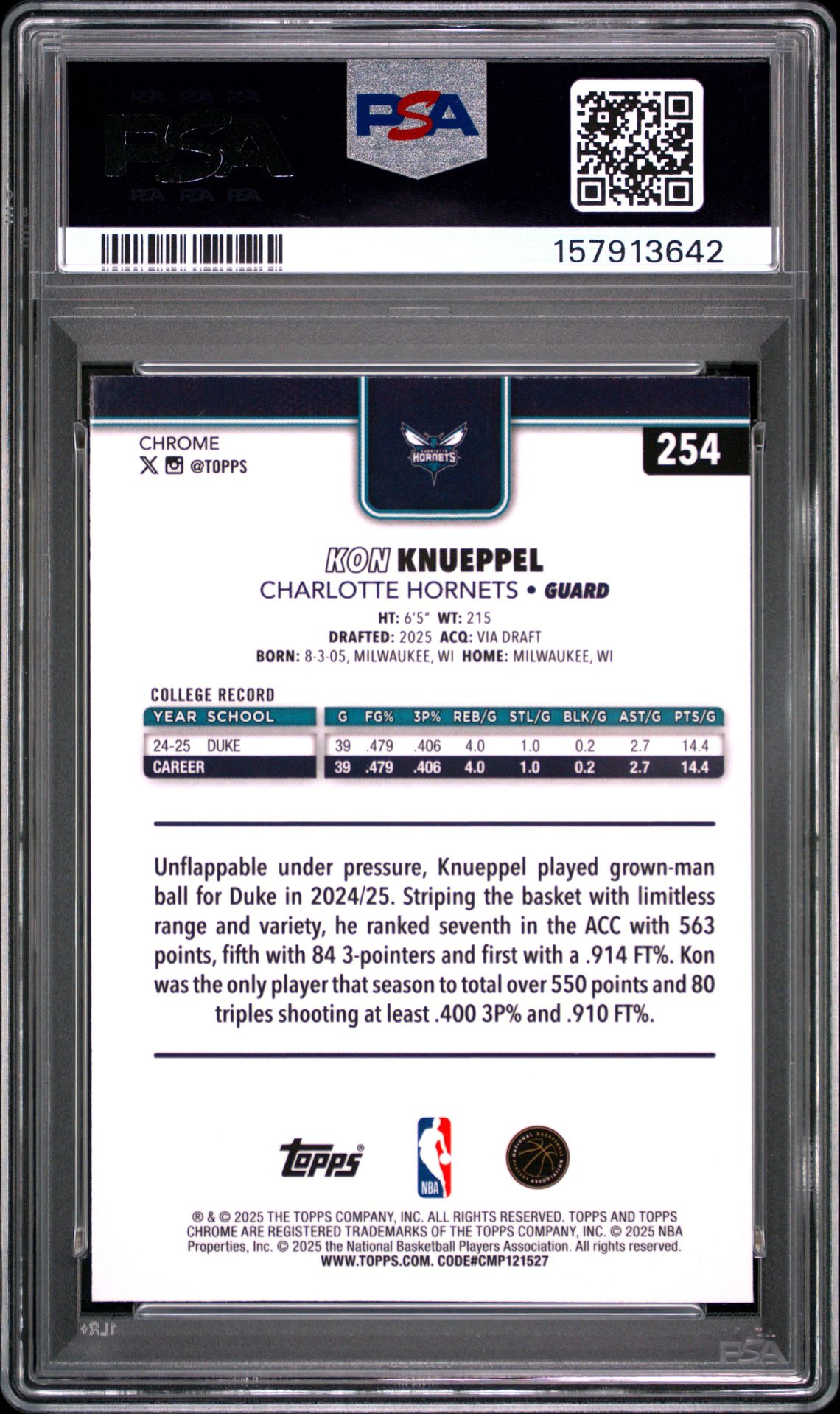 2025 Topps Chrome Kon Knueppel #254 Mint 9 back