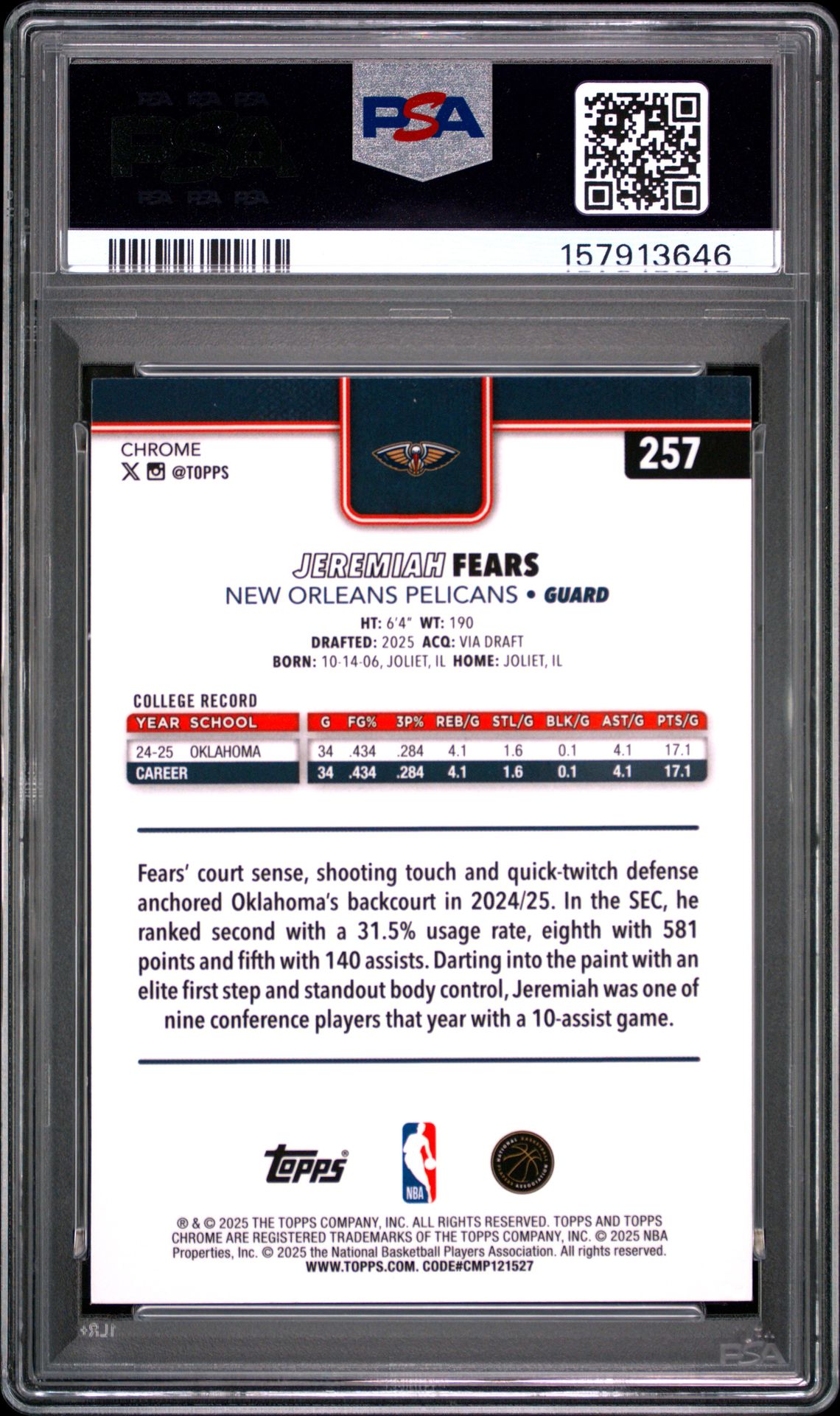 2025 Topps Chrome Jeremiah Fears #257 (Purple Wave) Mint 9 back