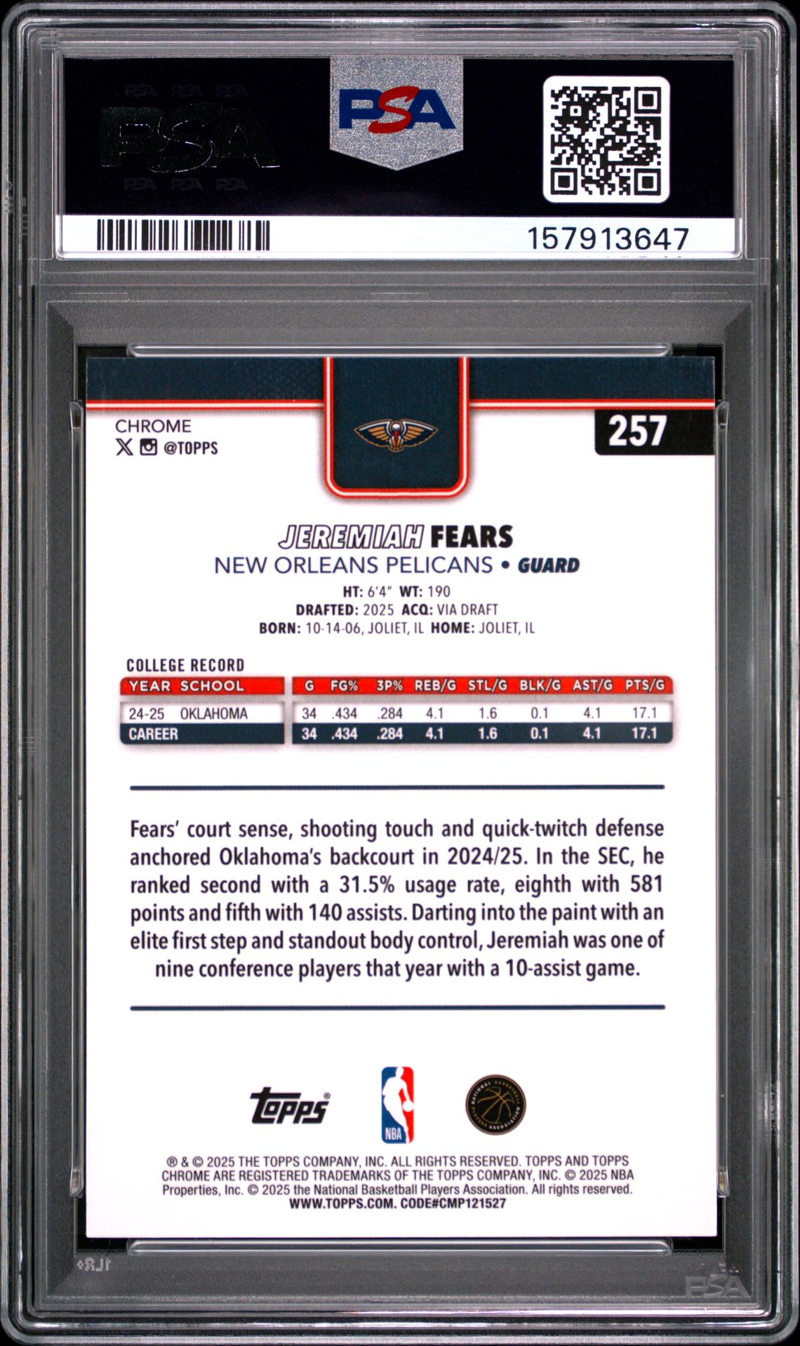 2025 Topps Chrome Jeremiah Fears #257 (Yellow Refractor) Mint 9 back