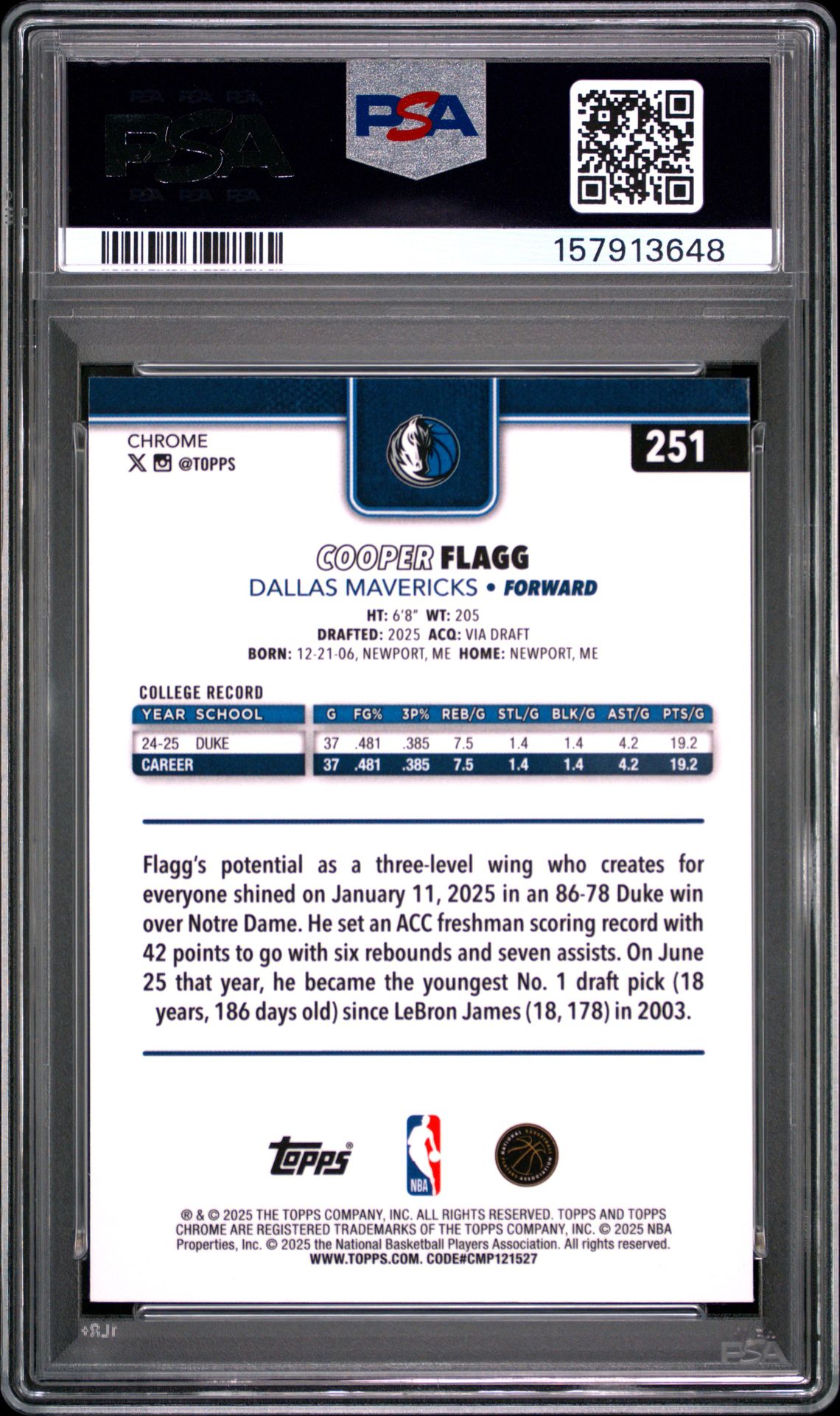2025 Topps Chrome Cooper Flagg #251 (X-Fractor) Mint 9 back