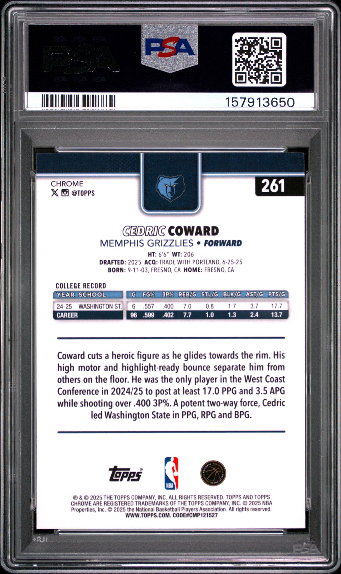 2025 Topps Chrome Cedric Coward #261 (Basketball Refractor) Mint 9 back