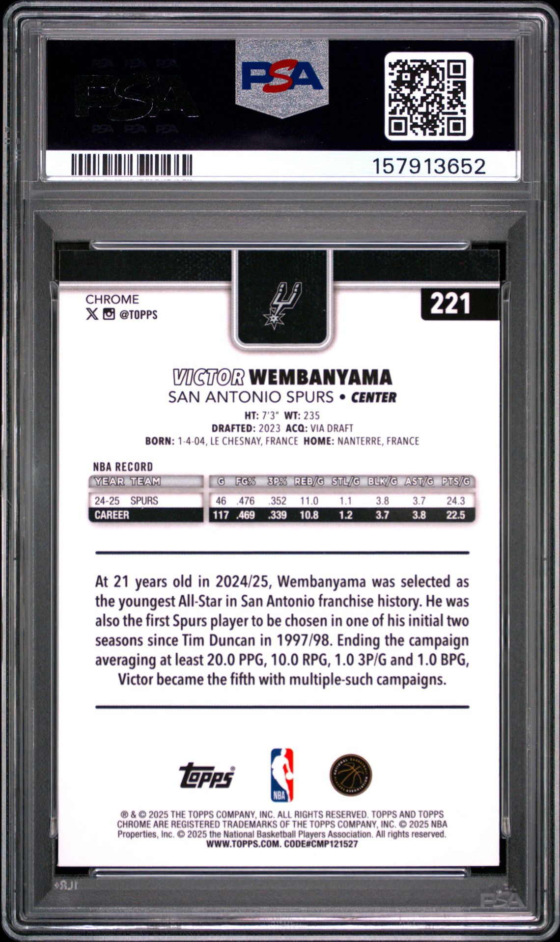2025 Topps Chrome Victor Wembanyama #221 (Refractor) Mint 9 back