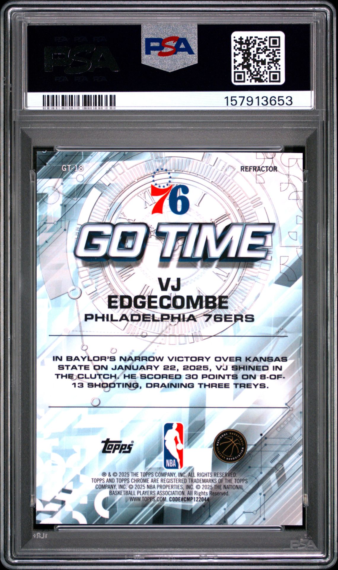 2025 Topps Chrome Go Time Vj Edgecombe #Gt-18 (Go Time-Refractor) Gem Mt 10 back view - PSA certificate #157913653