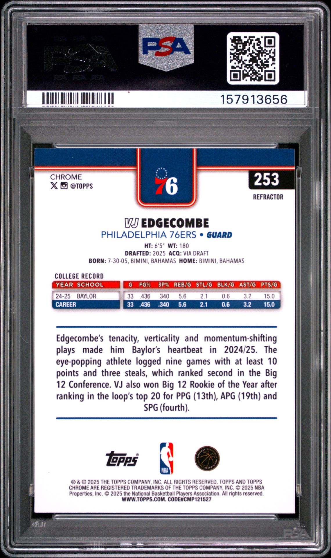 2025 Topps Chrome Vj Edgecombe #253 (Refractor) Mint 9 back