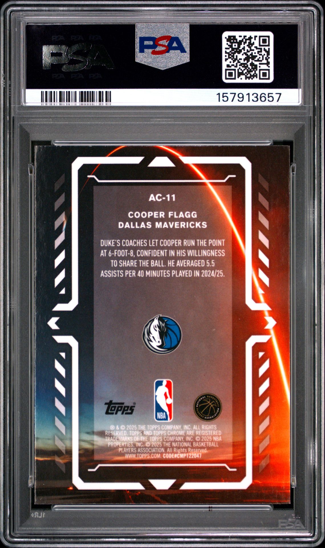 2025 Topps Chrome Activators Cooper Flagg #Ac-11 Gem Mt 10 back view - PSA certificate #157913657