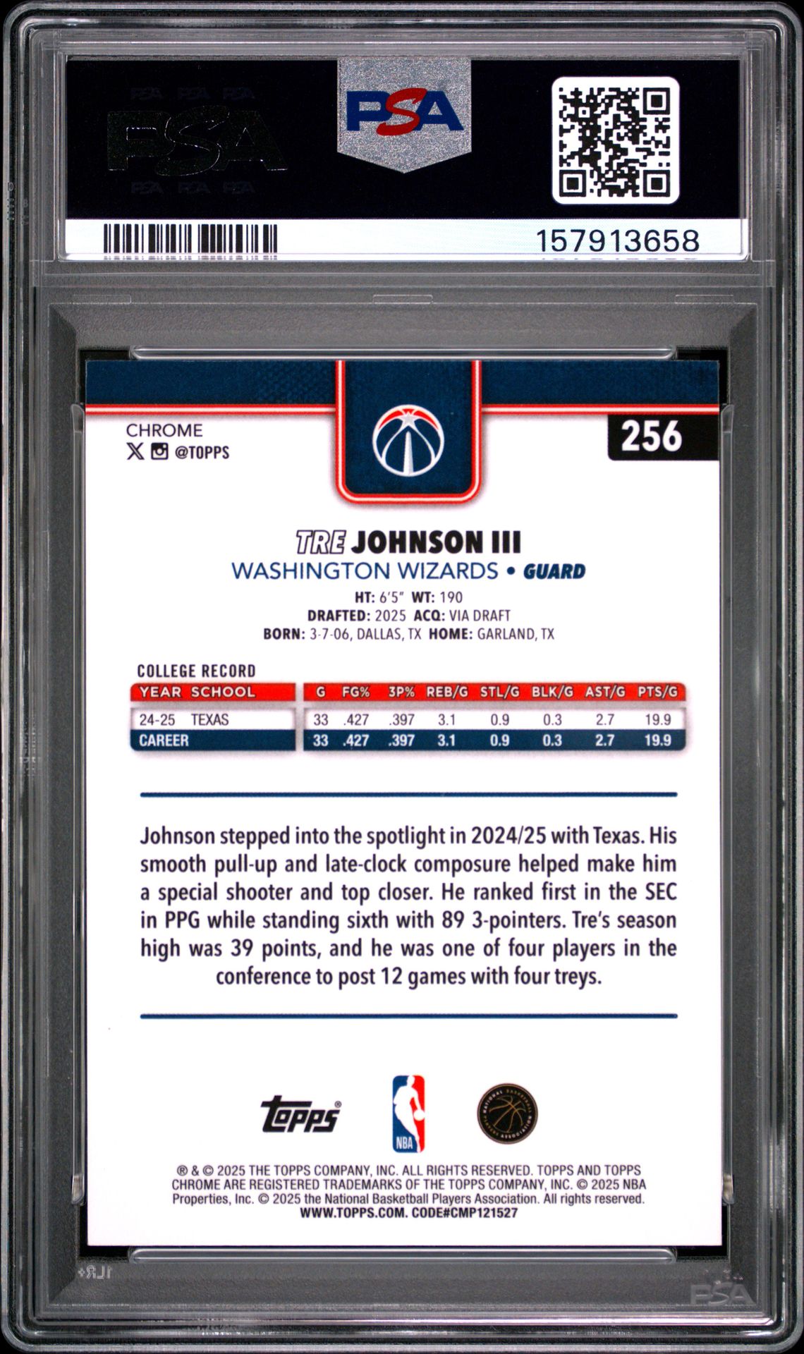 2025 Topps Chrome Tre Johnson Iii #256 (Red White And Blue Ref) Mint 9 back
