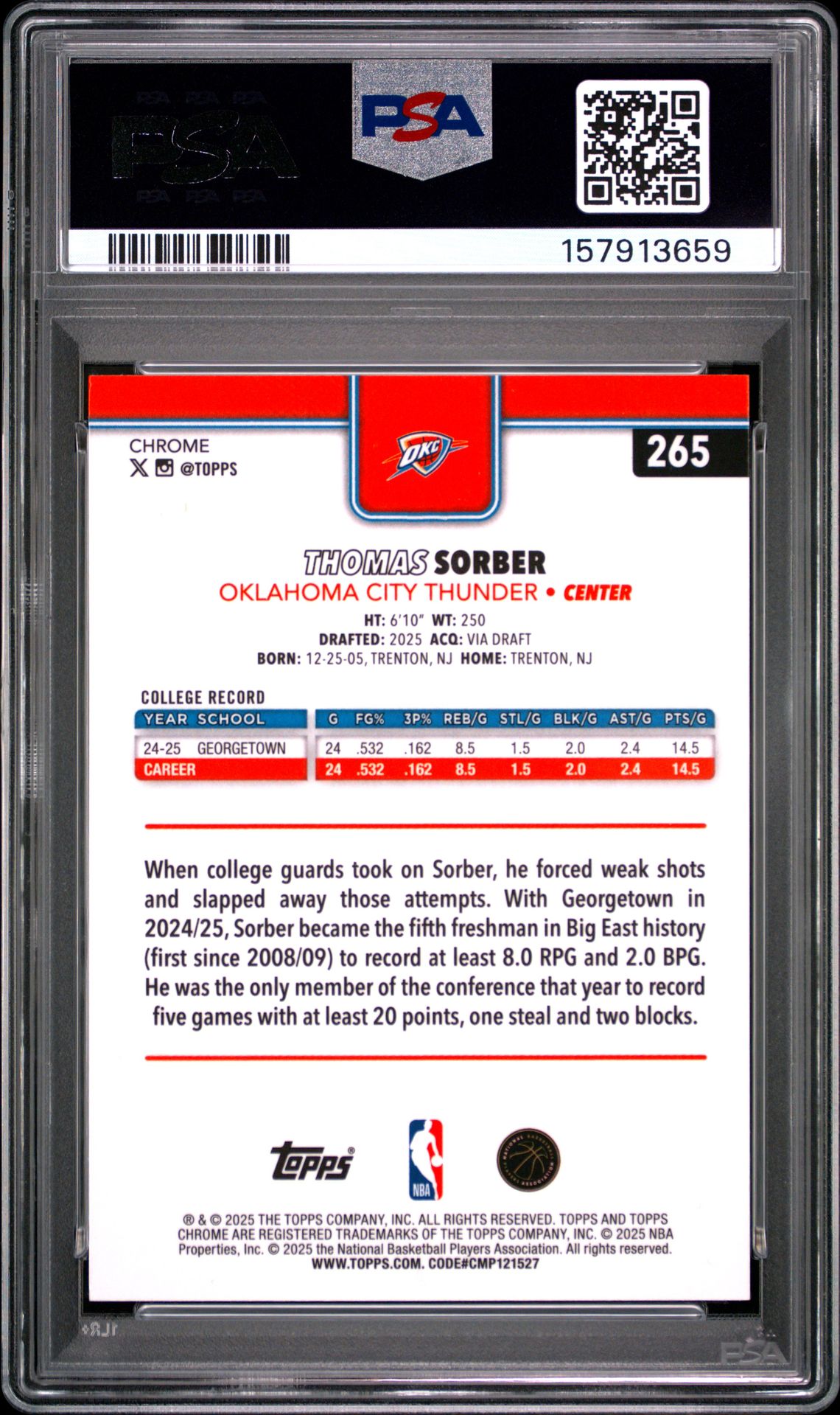 2025 Topps Chrome Thomas Sorber #265 (Blue Basketball Refractor) Gem Mt 10 back view - PSA certificate #157913659