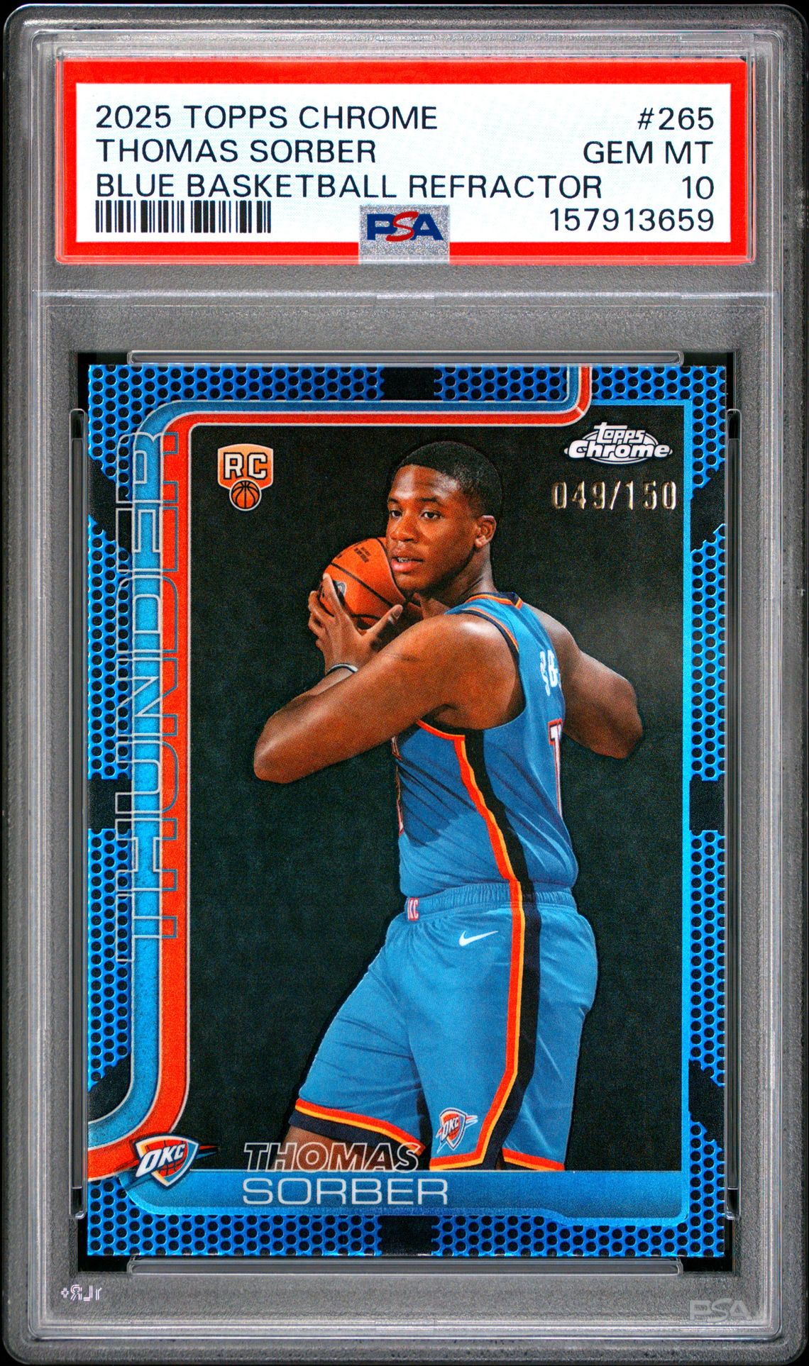 2025 Topps Chrome Thomas Sorber #265 (Blue Basketball Refractor) Gem Mt 10 front view - PSA graded GEM MT 10