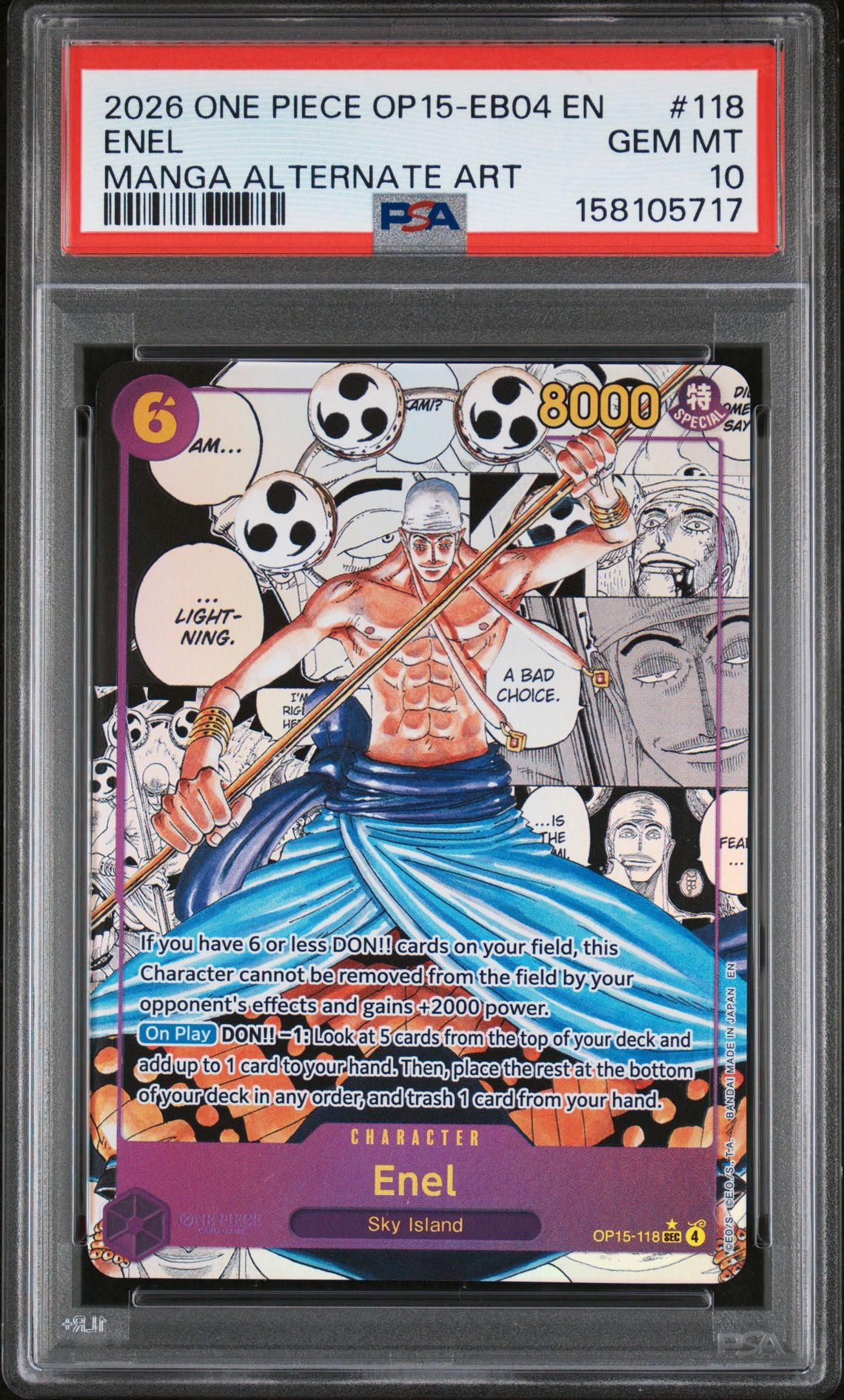 2026 One Piece ONE PIECE OP15-EB04-ADVENTURE ON KAMI'S ISLAND MANGA ALTERNATE ART #118 Enel front