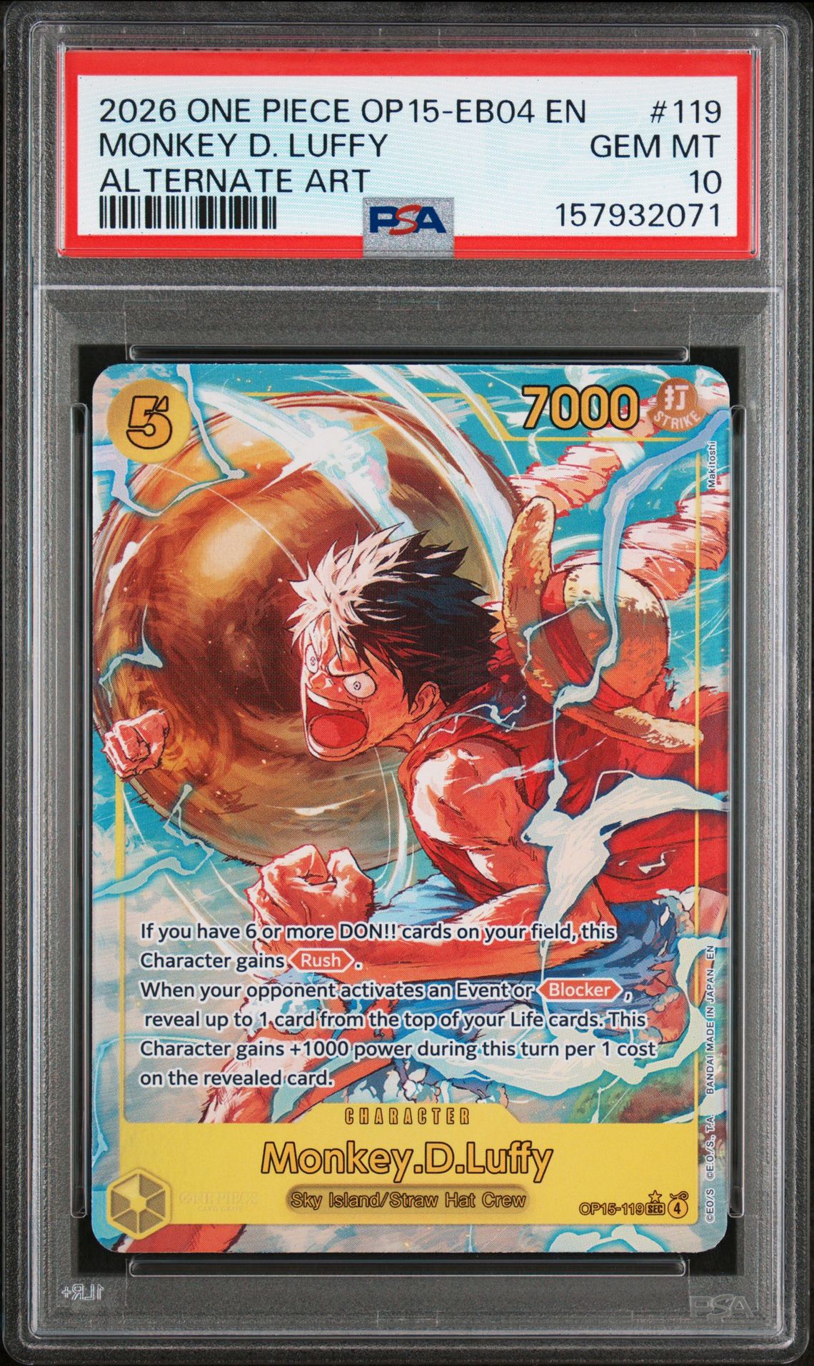 2026 One Piece Op15-Eb04-Adventure On Kami's Island Monkey D. Luffy #119 (Alternate Art) Gem Mt 10 front view - PSA graded GEM MT 10