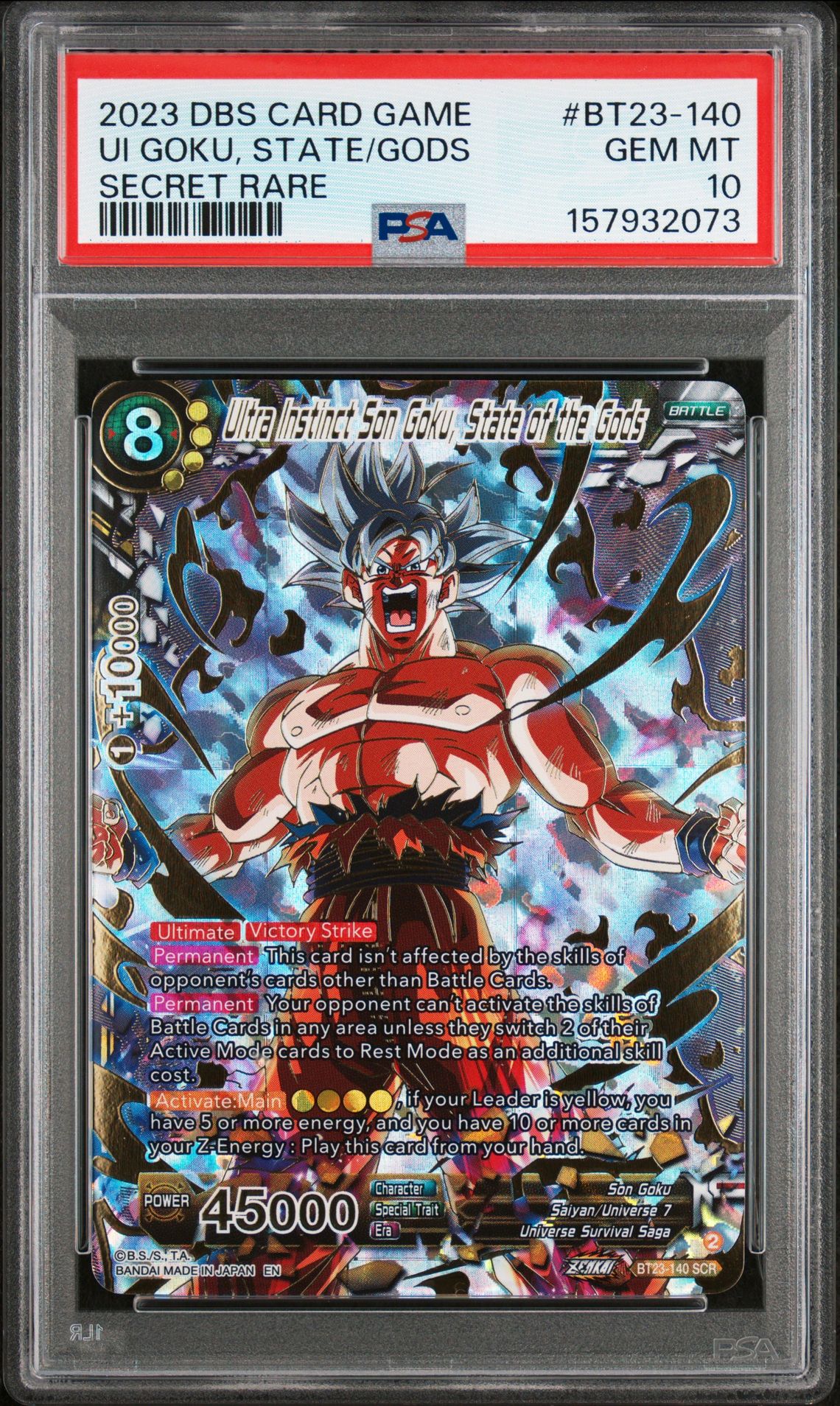 2023 Dragon Ball Super Card Game Series 23 Perfect Combination Ui Goku, State/Gods #Bt23-140 (Secret Rare) Gem Mt 10 front view - PSA graded GEM MT 10