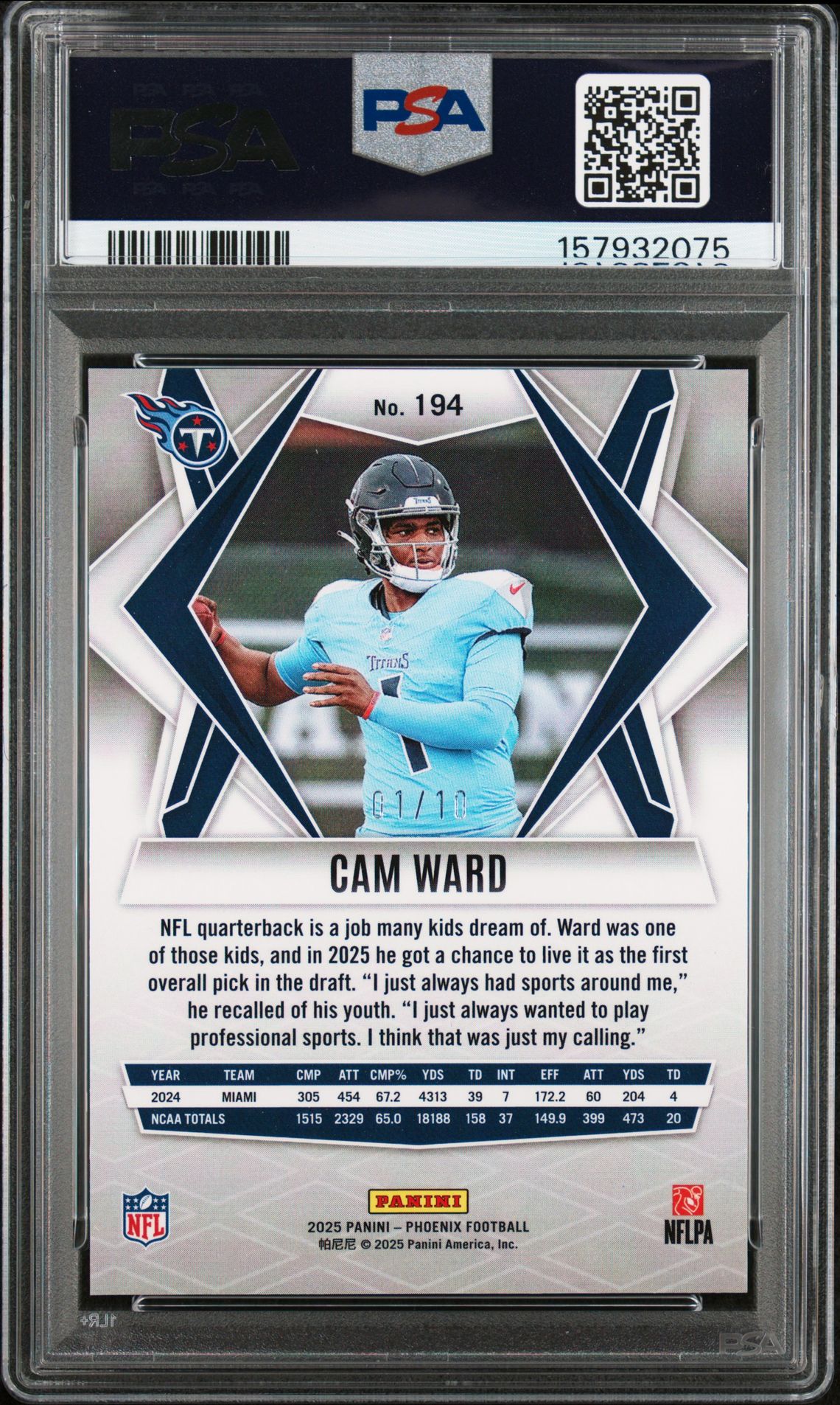 2025 Panini Phoenix Cam Ward #194 (Colorburst) Mint 9 back