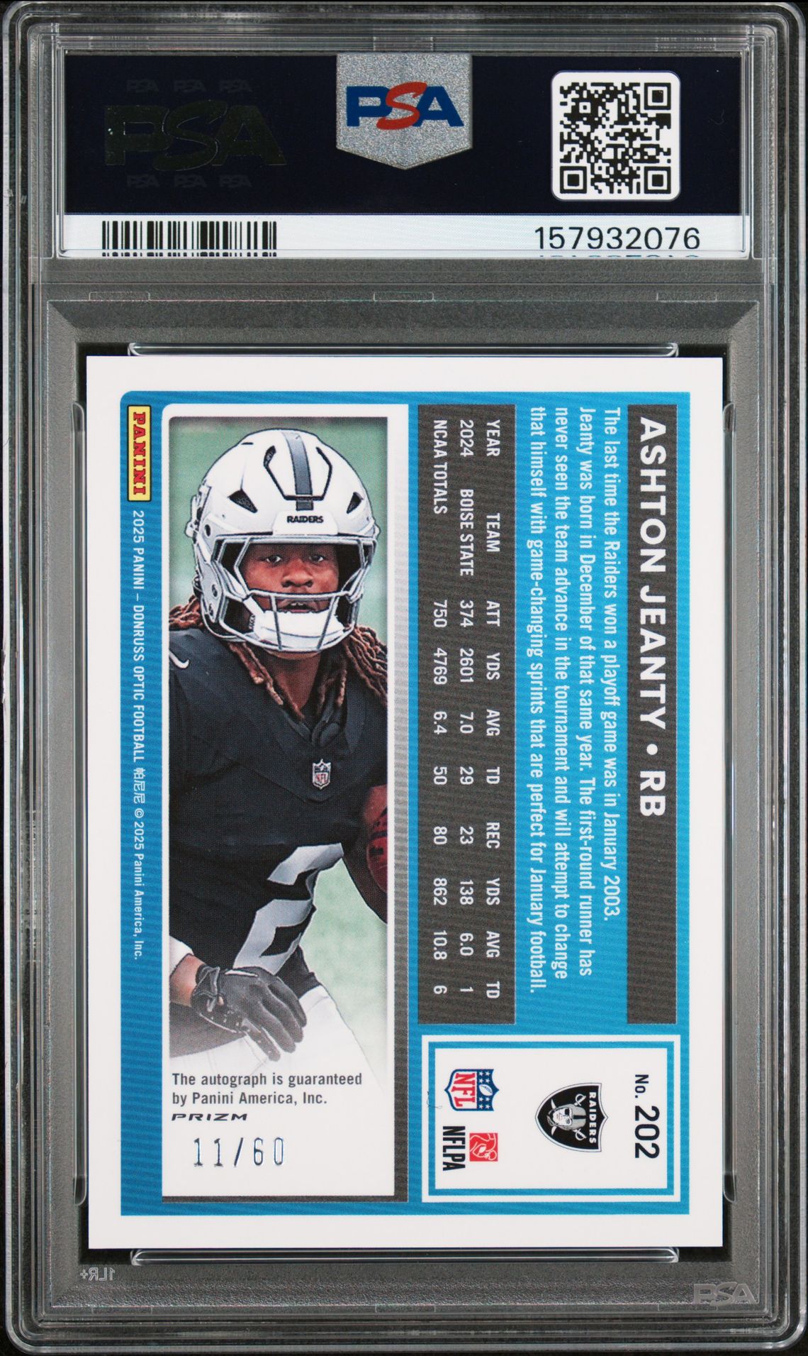 2025 Panini Donruss Optic Ashton Jeanty #202 (Autograph-Black Gold) Mint 9 back