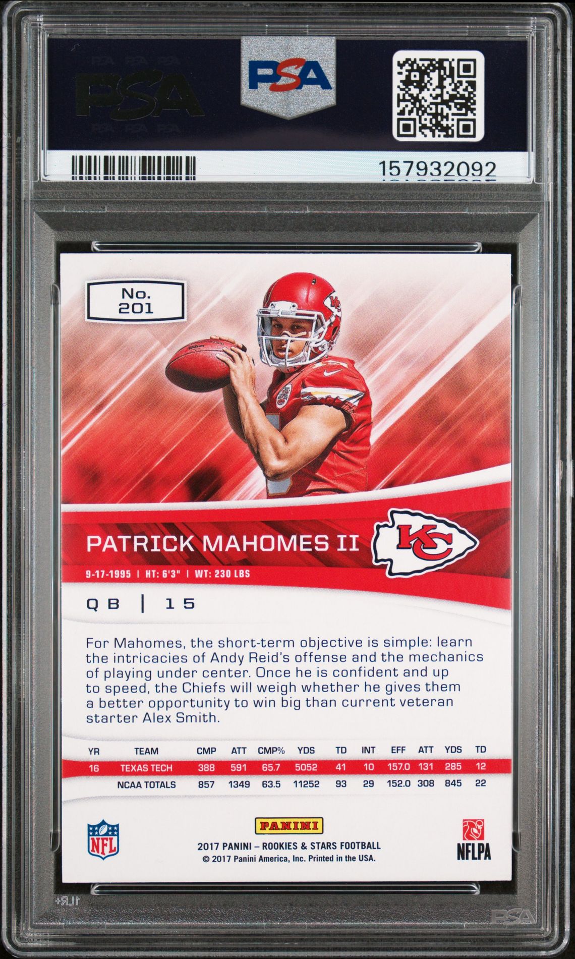 2017 Panini Rookies & Stars Patrick Mahomes Ii #201 Gem Mt 10 back view - PSA certificate #157932092