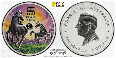 2026-P $1 Year of the Horse 1oz Ag Melbourne Money Expo Colorized MS70