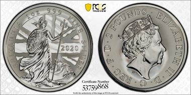 2020 £2 Britannia Rev PR Ag Spirit of a Nation PR70