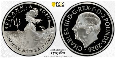2026 £2 Britannia Ag Majesty, Justice & Peace PR70DCAM