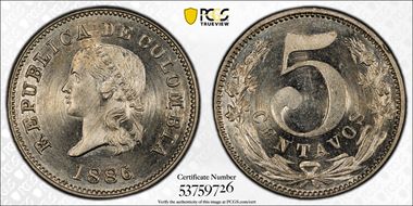 1886 5C Restrepo-362.2 Larger Bar of 5 MS65