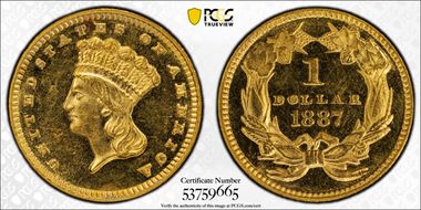 1887 G$1 JD-1, Centered Date PR63