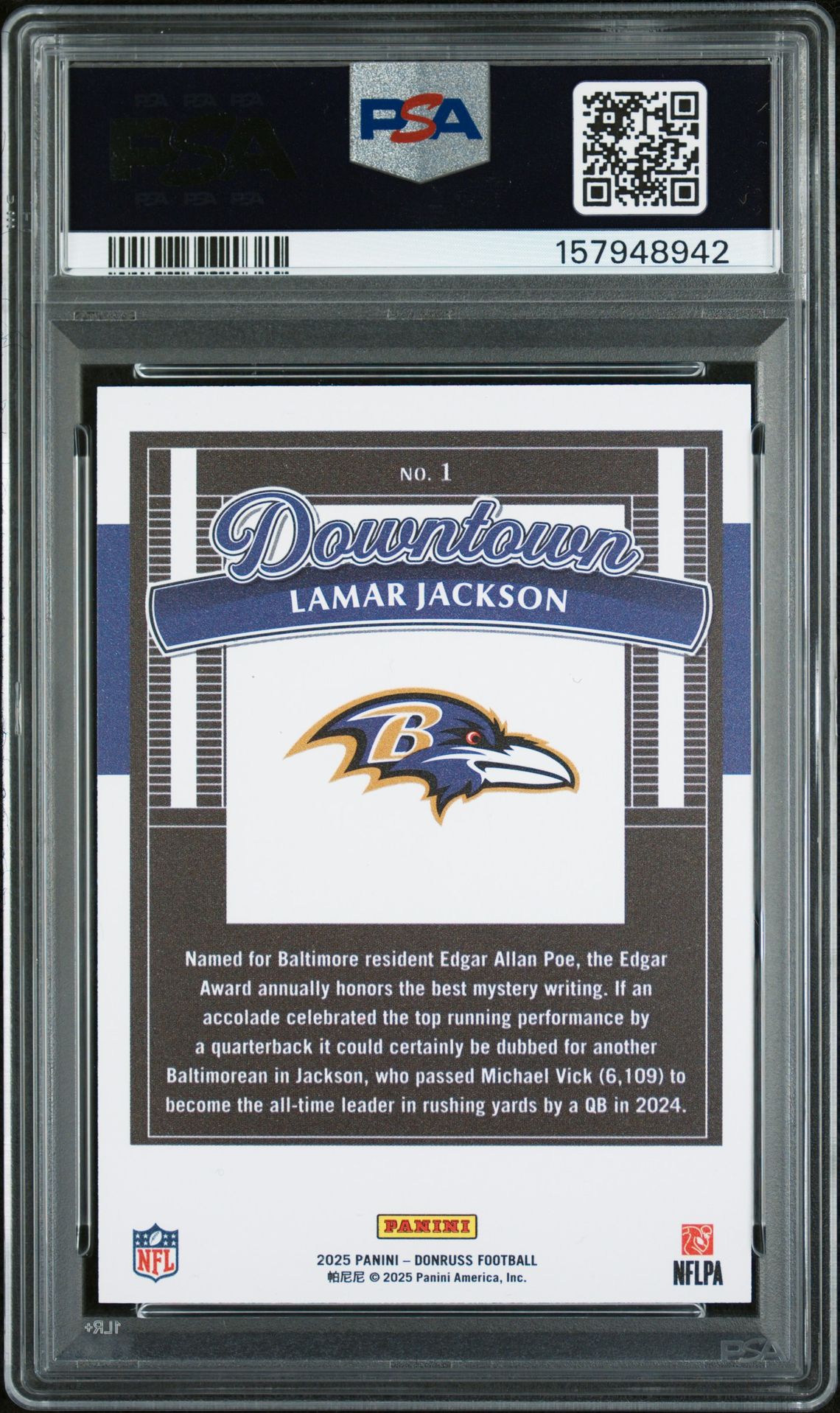 2025 Panini Donruss Downtown Lamar Jackson #1 Mint 9 back