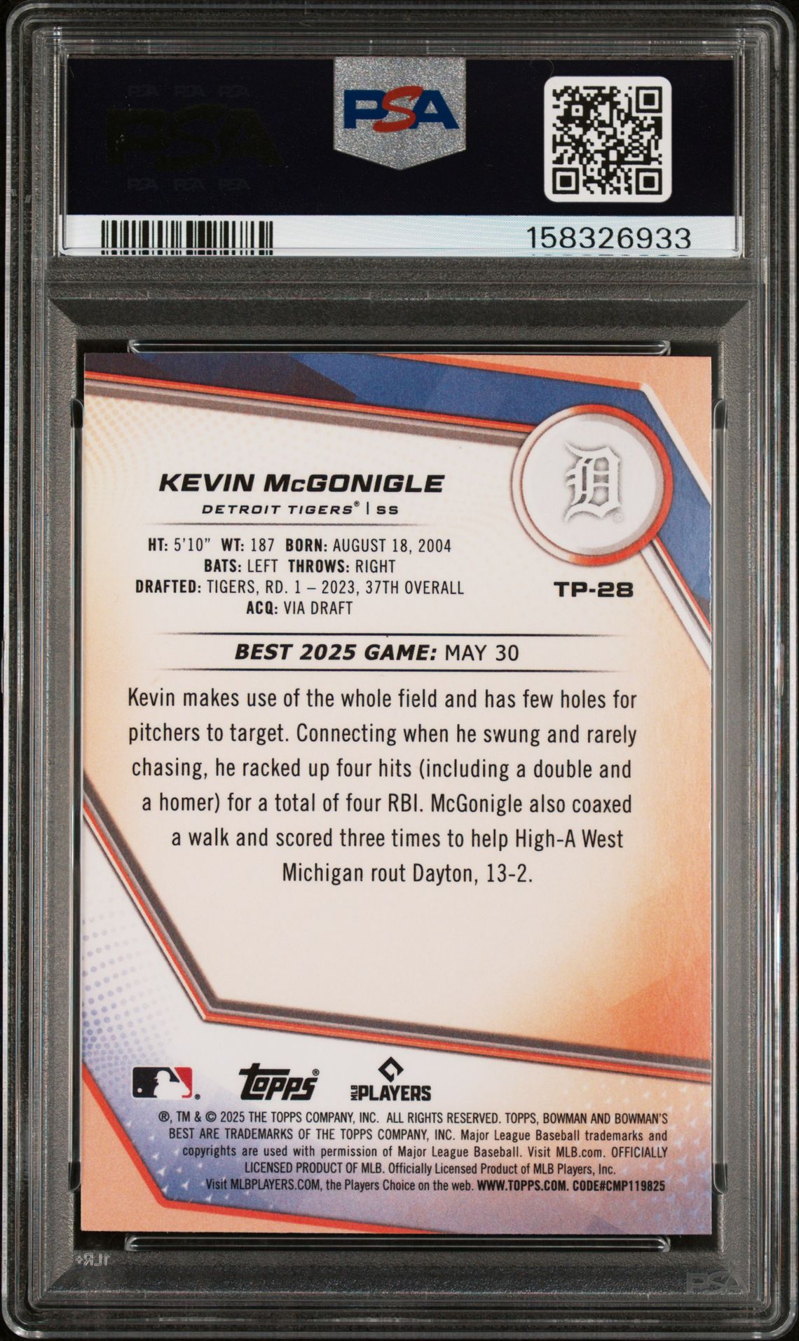 2025 Bowman's Best Top Prospects Kevin Mcgonigle #Tp-28 (Top Prospects-Aqua Lava) Mint 9 back