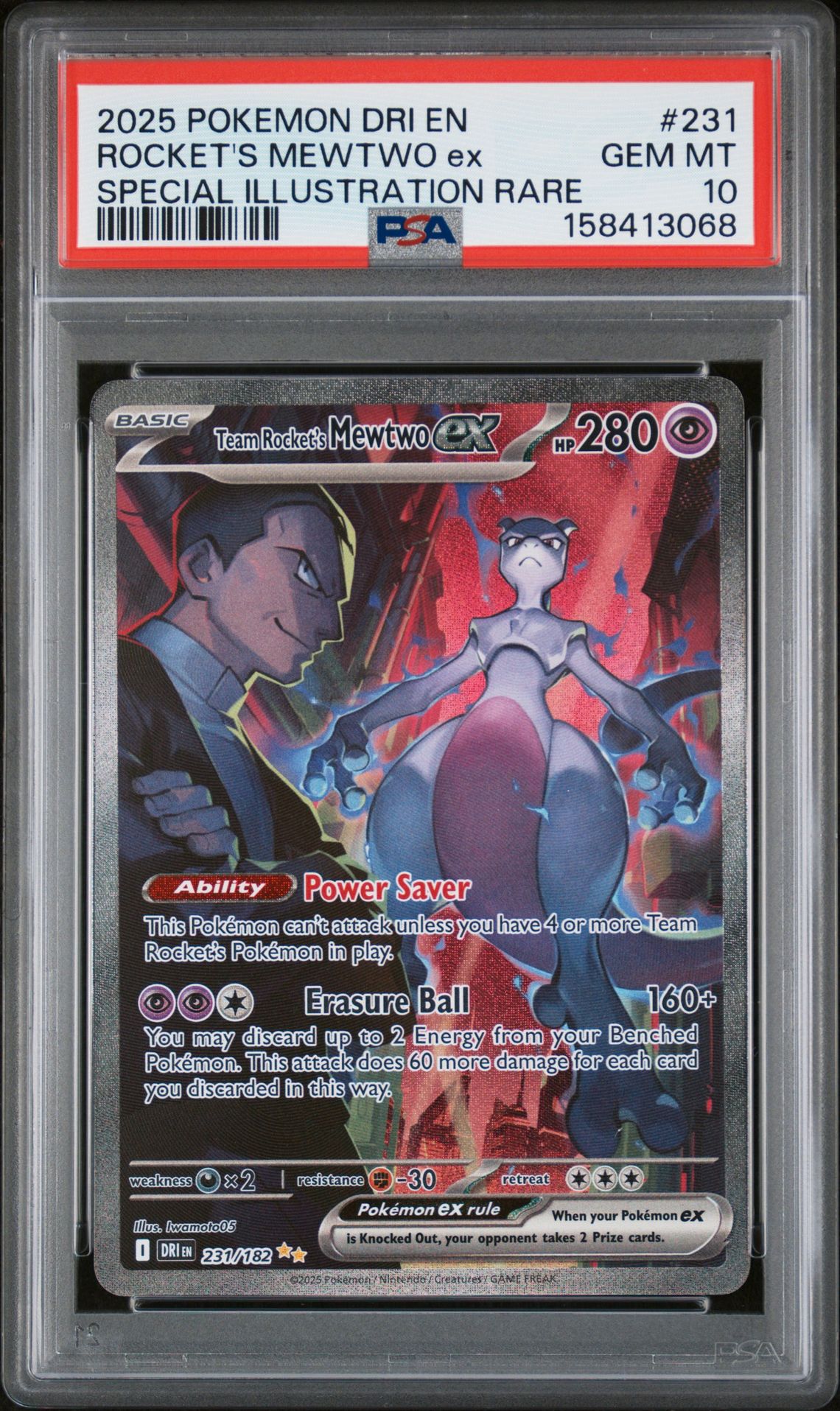 2025 Pokemon Dri En-Destined Rivals Rocket's Mewtwo Ex #231 (Special Illustration Rare) Gem Mt 10 front view - PSA graded GEM MT 10