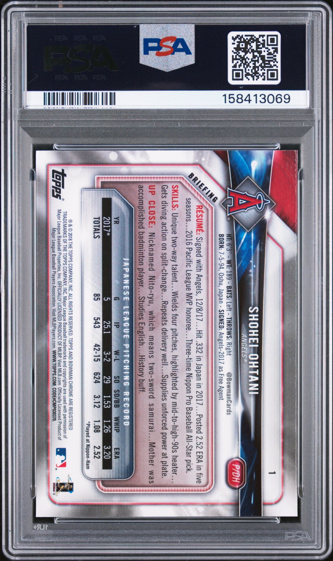 2018 Bowman Chrome Shohei Ohtani #1 Mint 9 back