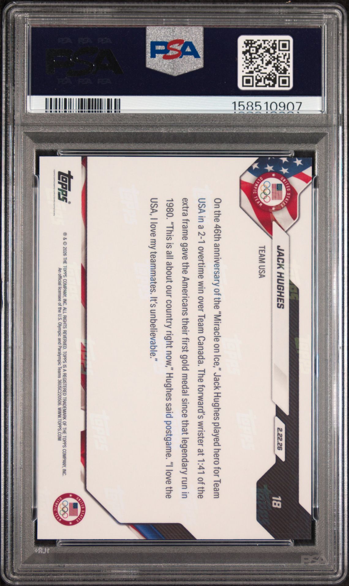 2026 Topps Now 2026 Olympics Jack Hughes #18 Gem Mt 10 back