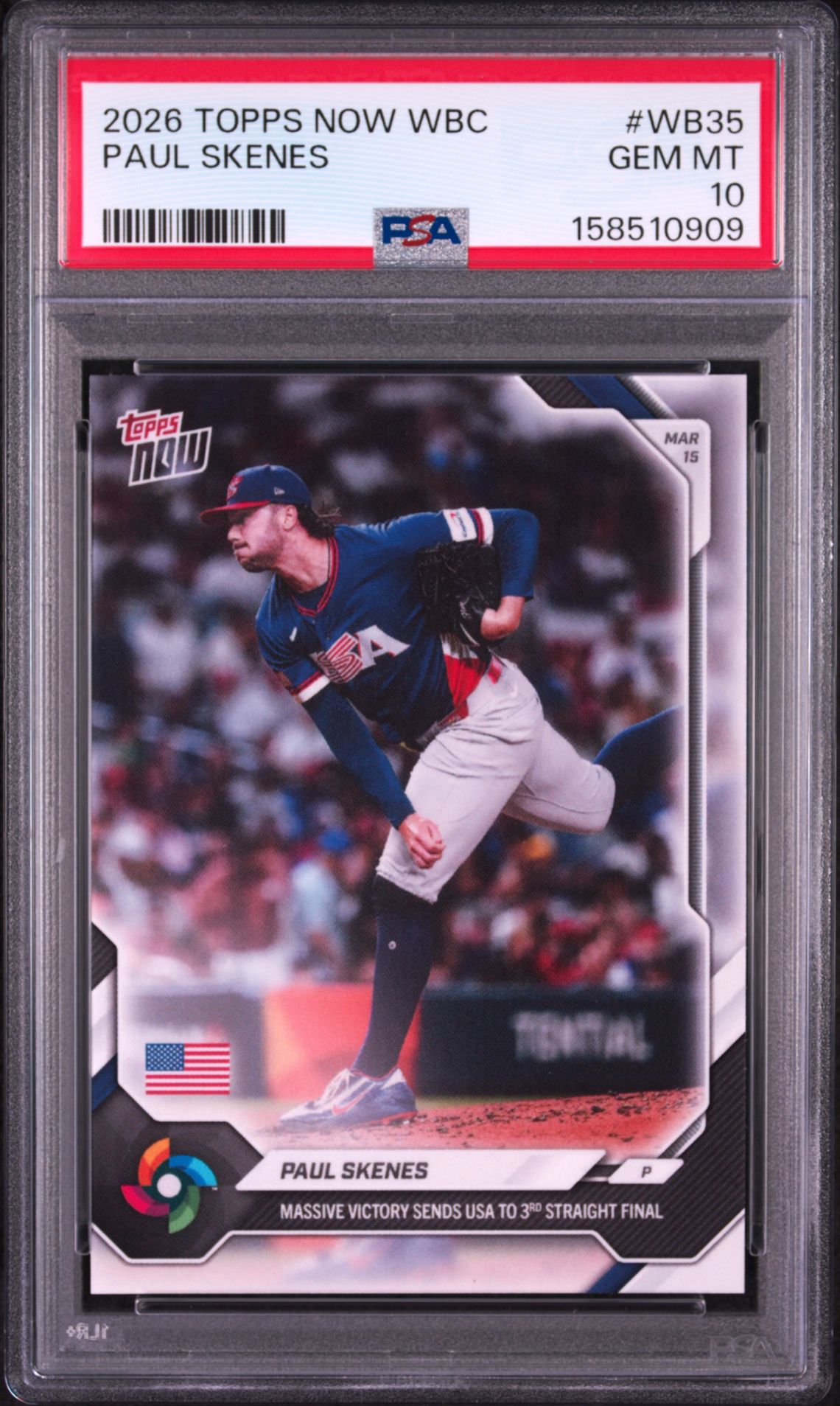 2026 Topps Now World Baseball Classic Paul Skenes #Wb35 Gem Mt 10 front view - PSA graded GEM MT 10