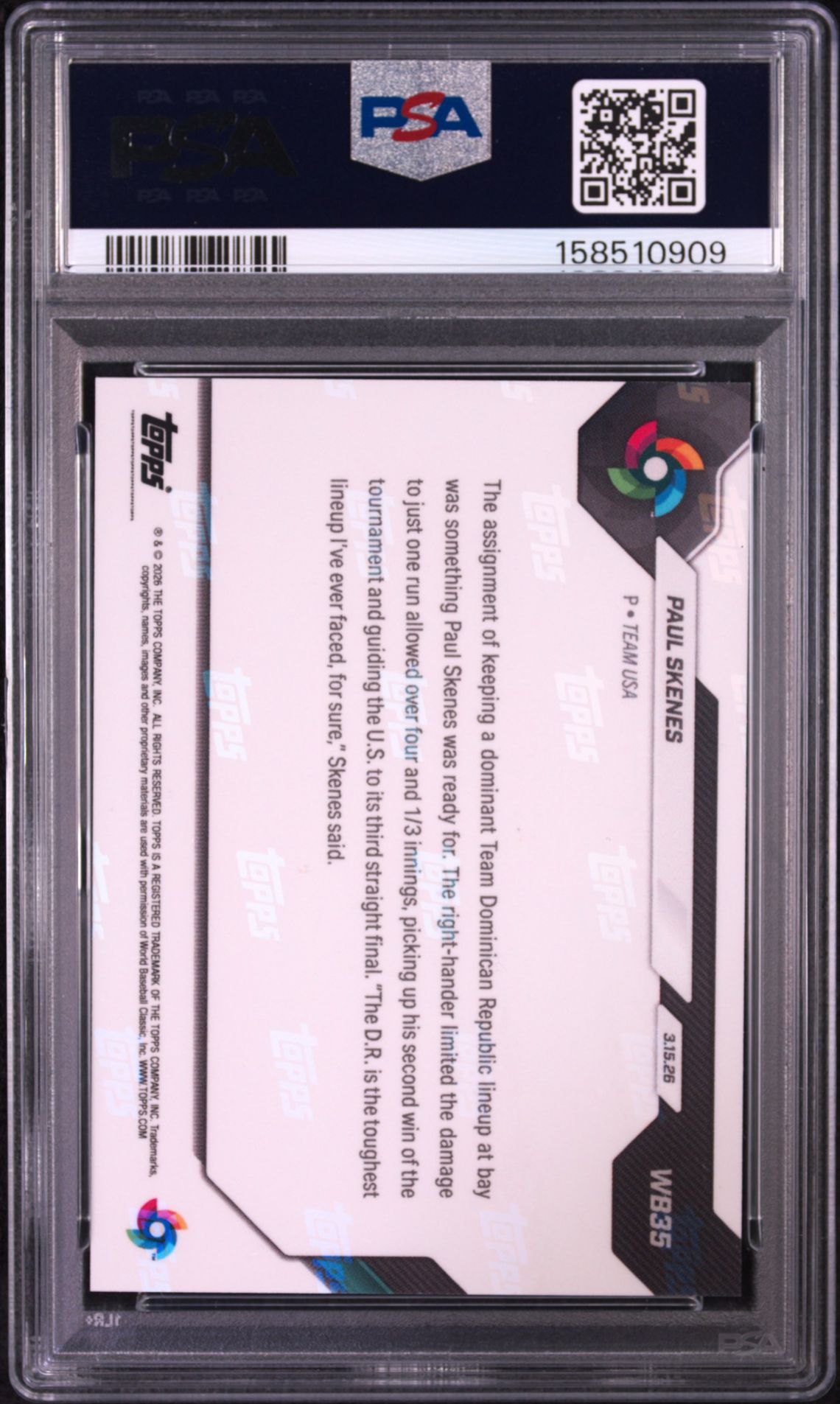 2026 Topps Now World Baseball Classic Paul Skenes #Wb35 Gem Mt 10 back view - PSA certificate #158510909