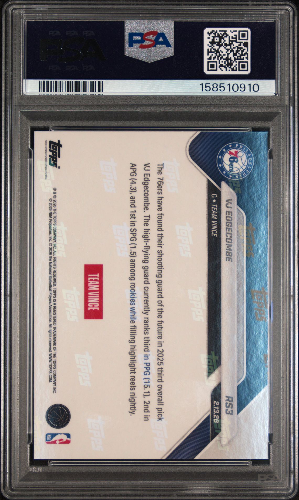 2026 Topps Now Rising Stars Vj Edgecombe #3 Gem Mt 10 back view - PSA certificate #158510910