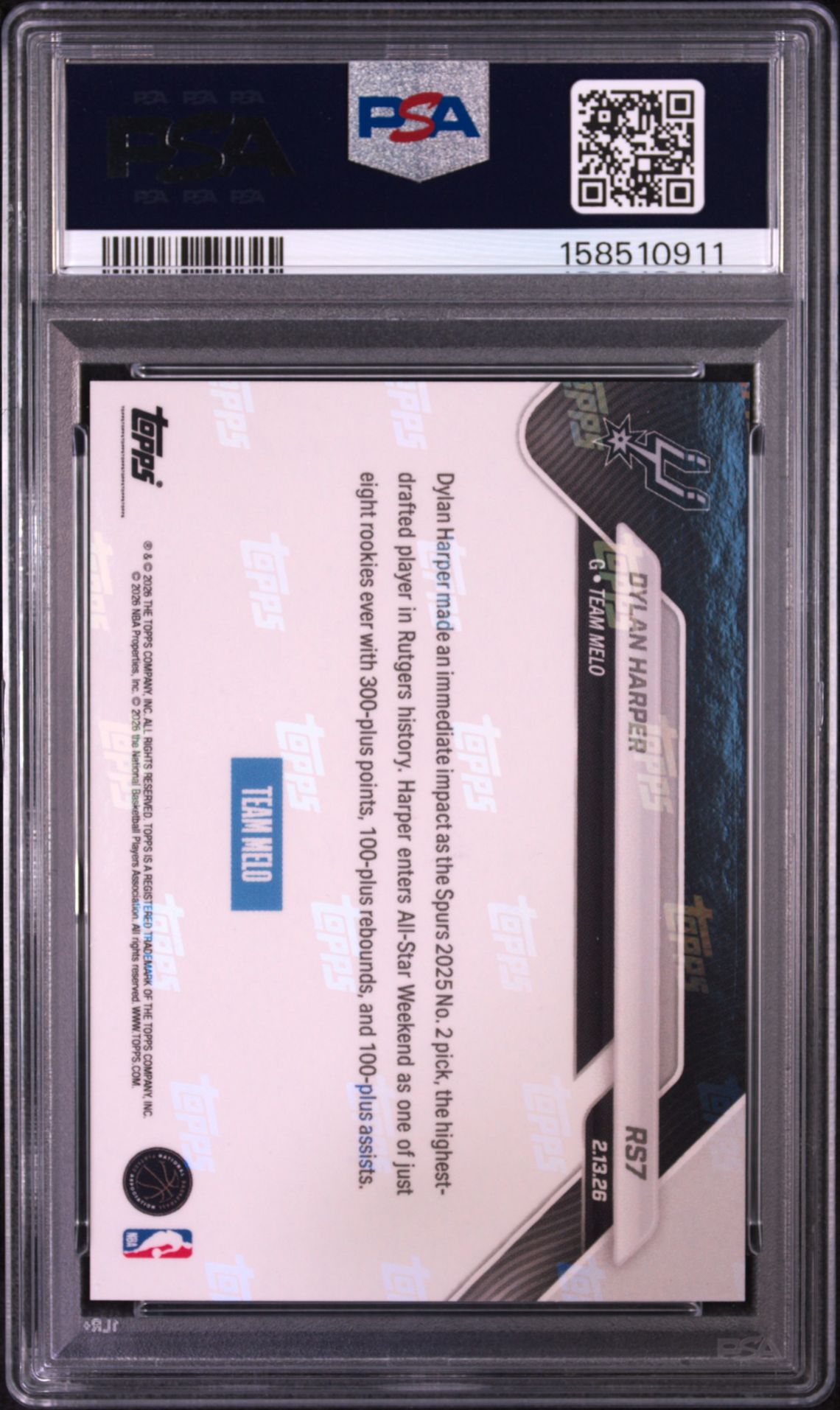 2026 Topps Now Rising Stars Dylan Harper #7 Gem Mt 10 back view - PSA certificate #158510911