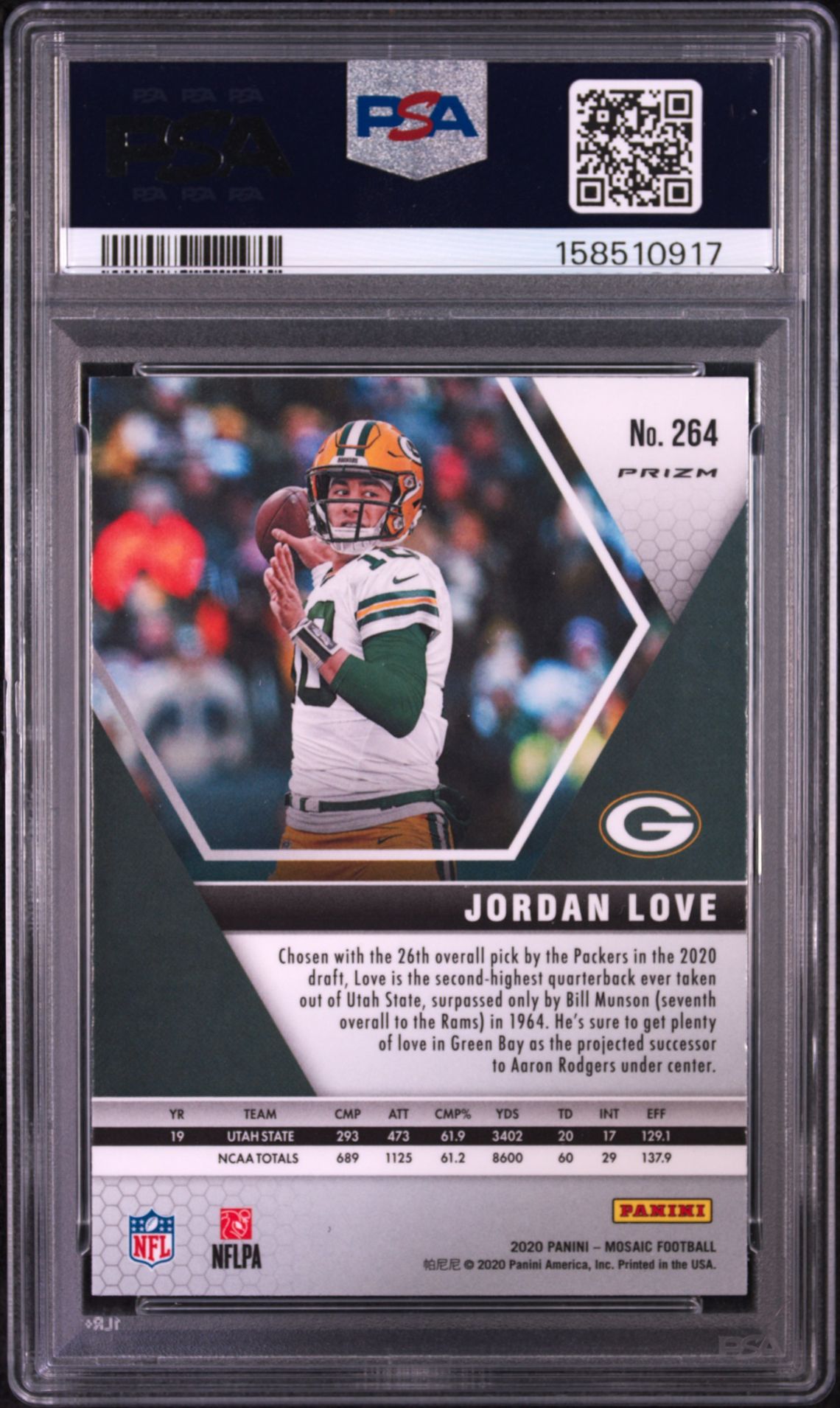 2020 Panini Mosaic Jordan Love #264 (Mosaic) Gem Mt 10 back view - PSA certificate #158510917