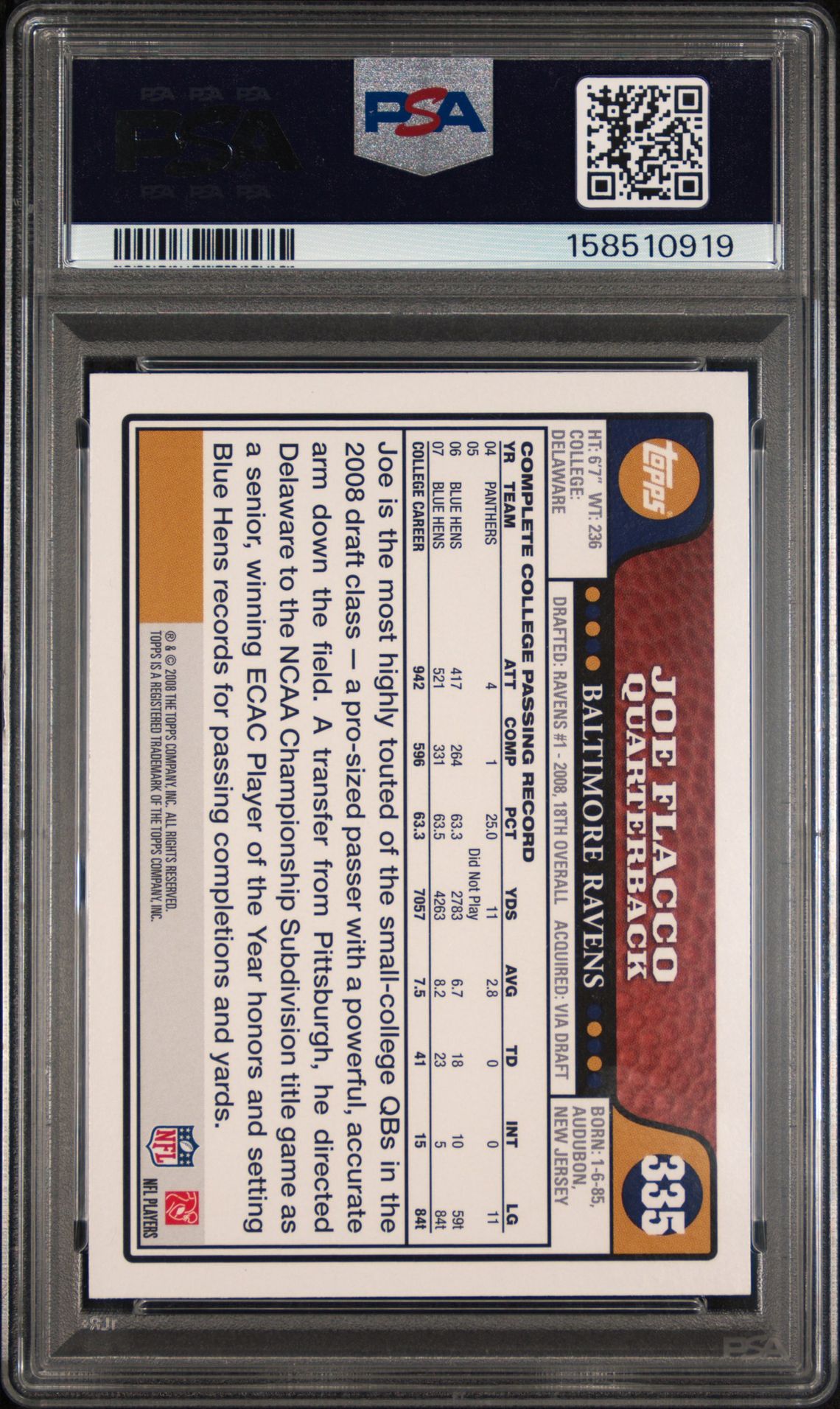 2008 Topps Joe Flacco #335 Gem Mt 10 back view - PSA certificate #158510919
