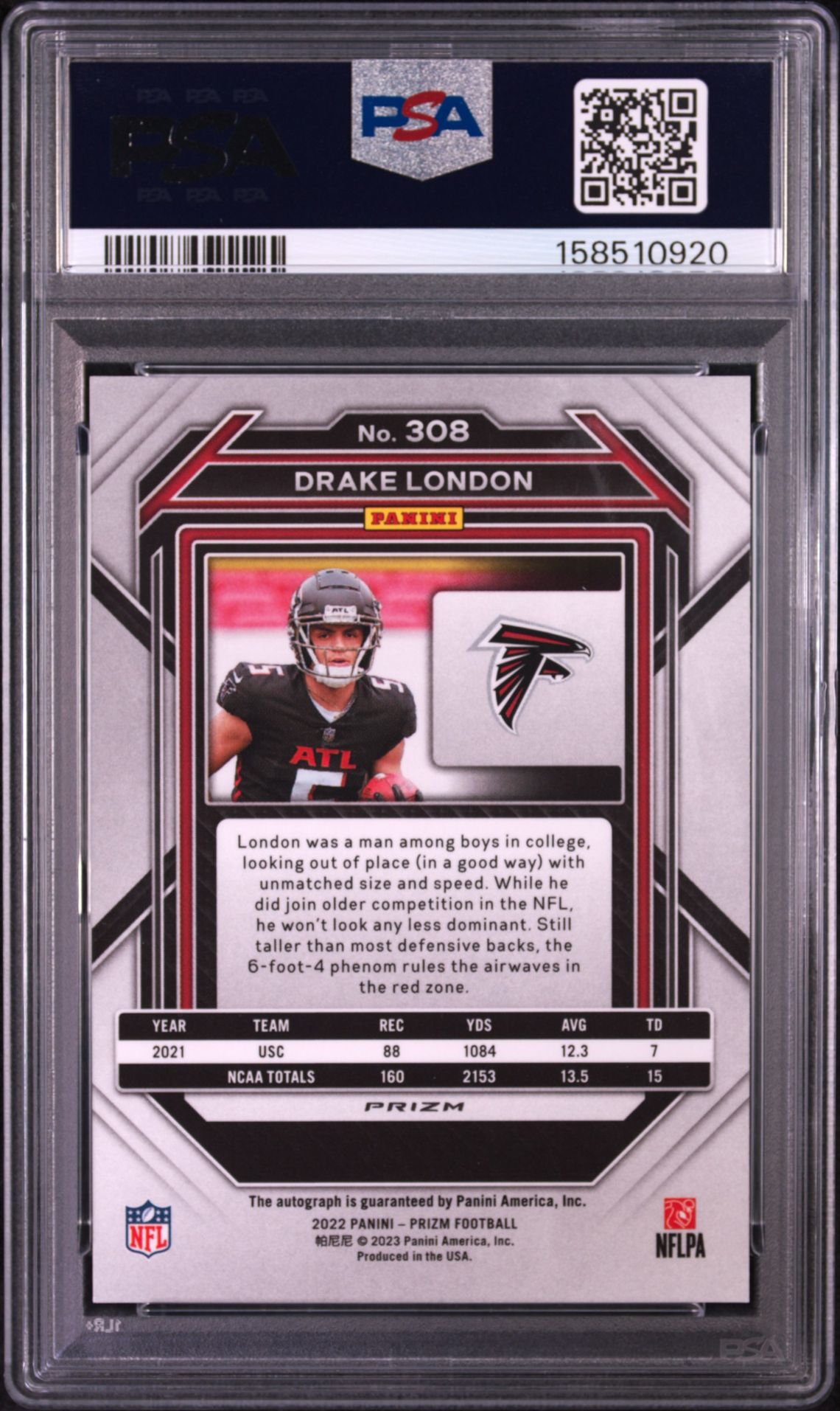2022 Panini Prizm Drake London #308 (Autograph) Mint 9 back