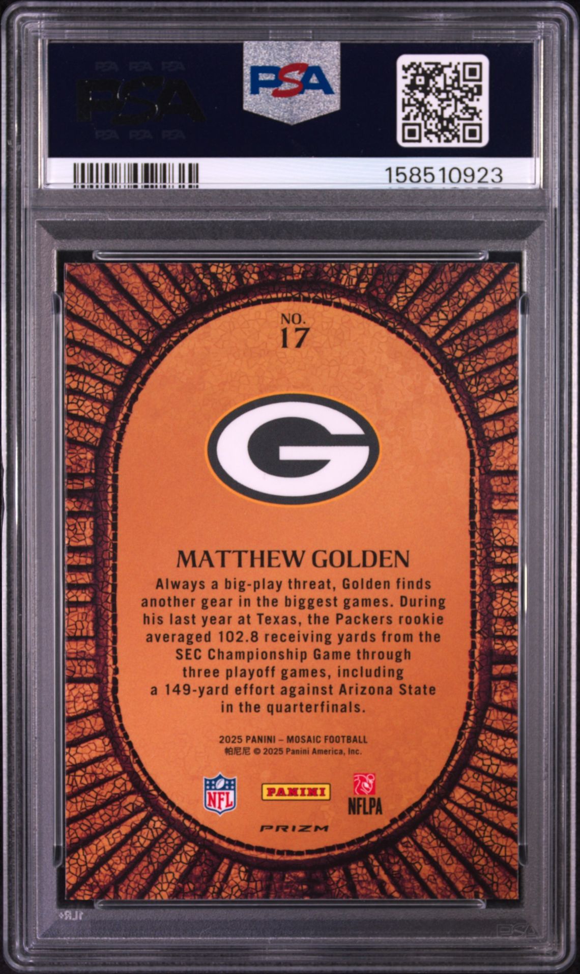 2025 Panini Mosaic Micro Mosaic Matthew Golden #17 Gem Mt 10 back view - PSA certificate #158510923