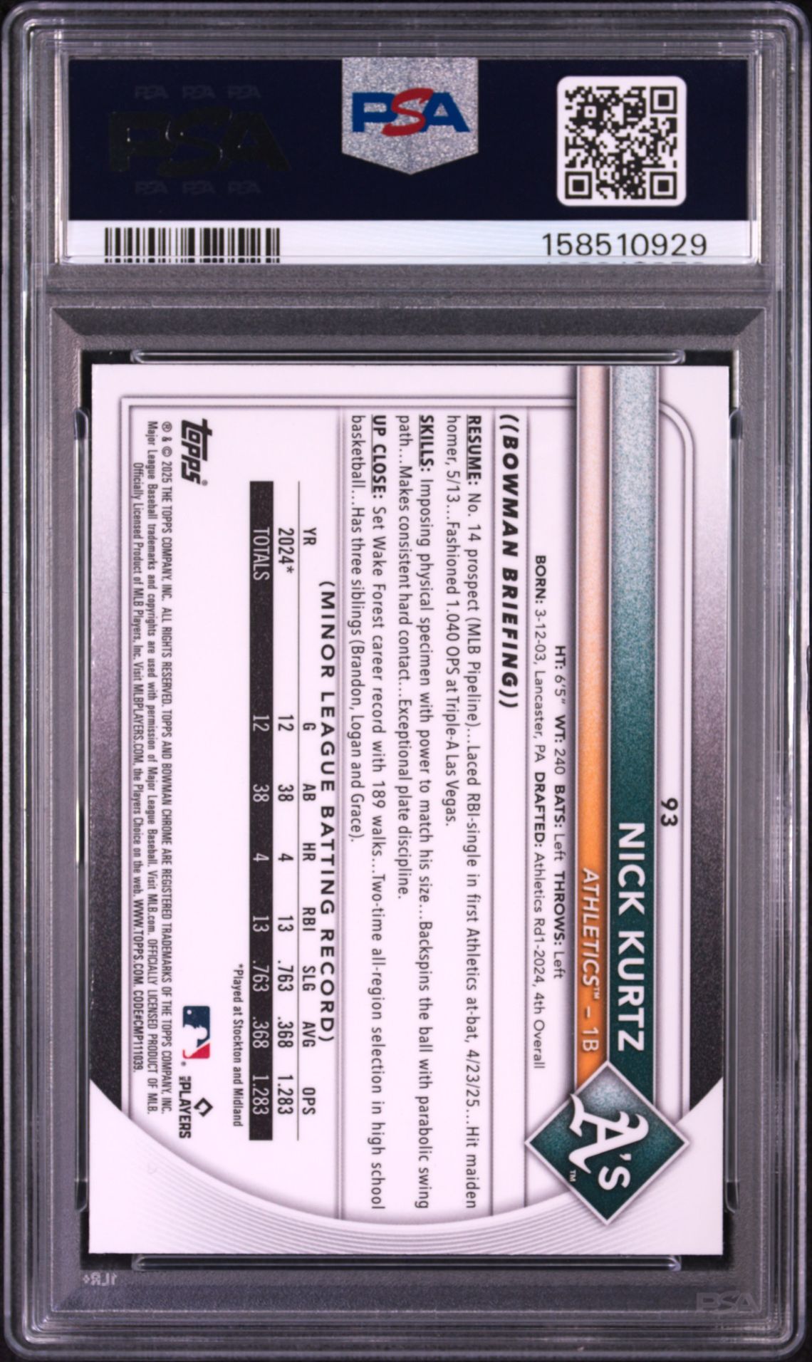2025 Bowman Chrome Mega Box Nick Kurtz #93 Gem Mt 10 back view - PSA certificate #158510929