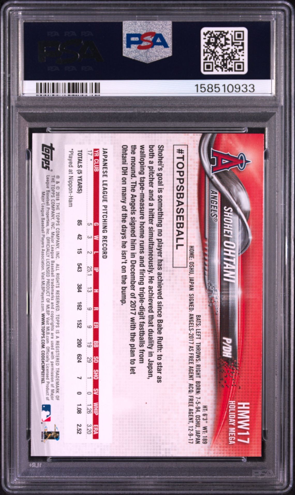 2018 Topps Holiday Shohei Ohtani #17 Mint 9 back