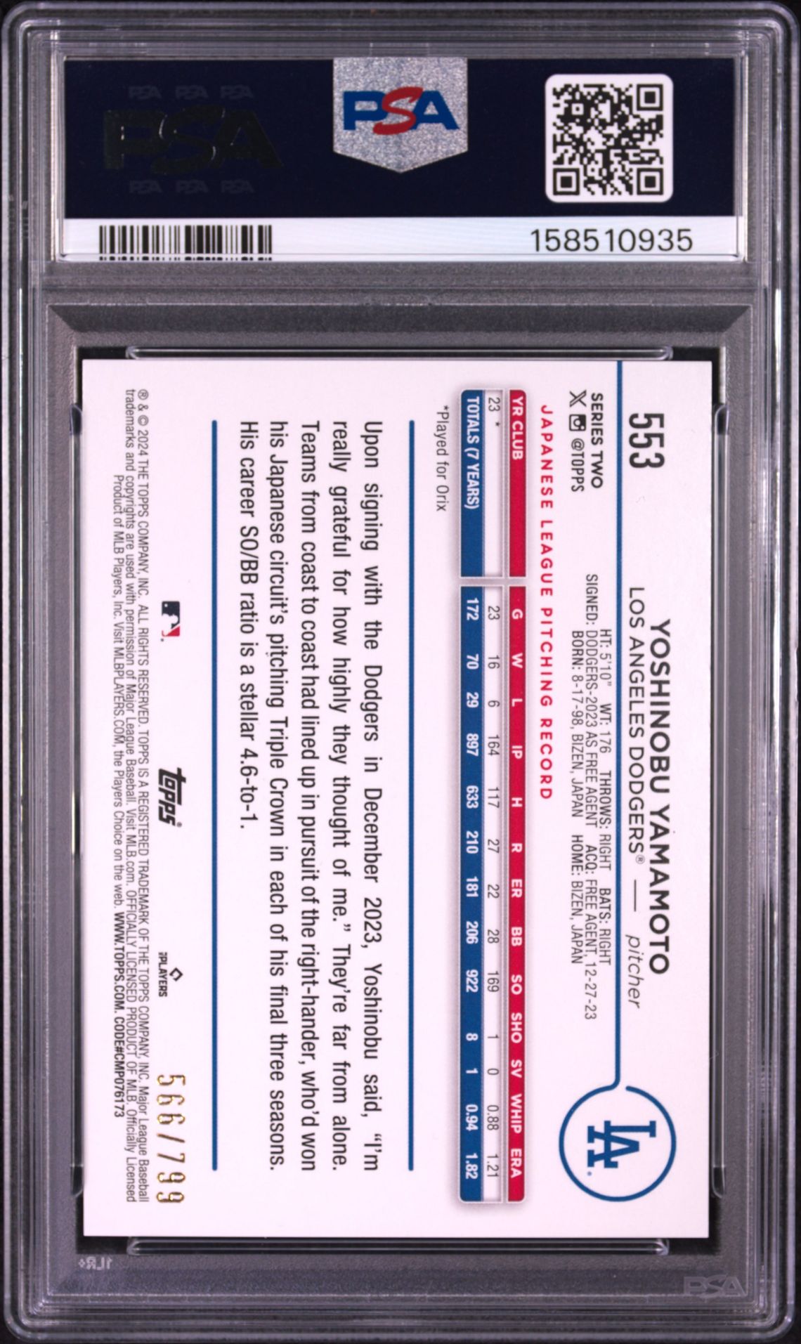 2024 Topps Yoshinobu Yamamoto #553 (Purple Foil) Gem Mt 10 back view - PSA certificate #158510935