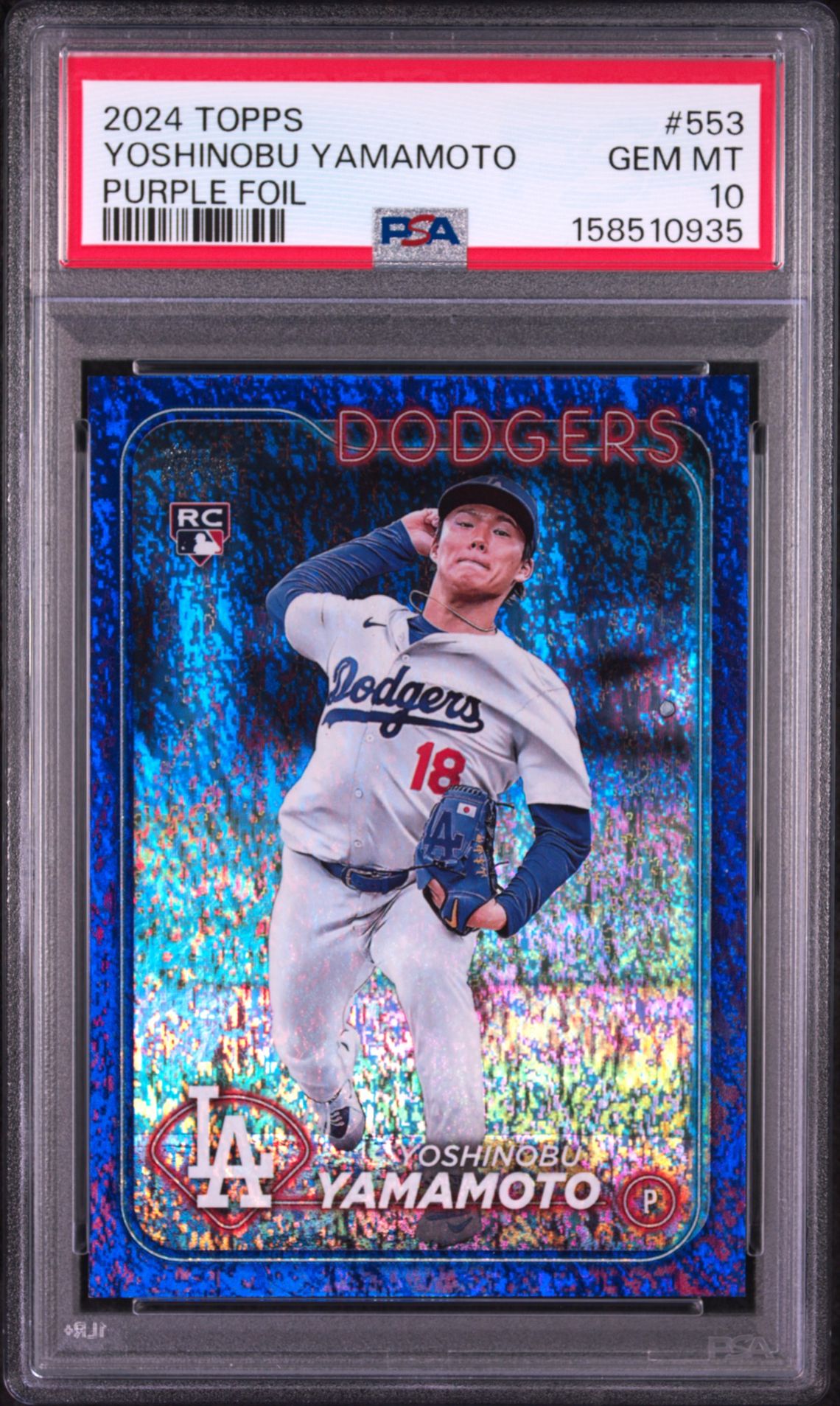 2024 Topps Yoshinobu Yamamoto #553 (Purple Foil) Gem Mt 10 front view - PSA graded GEM MT 10