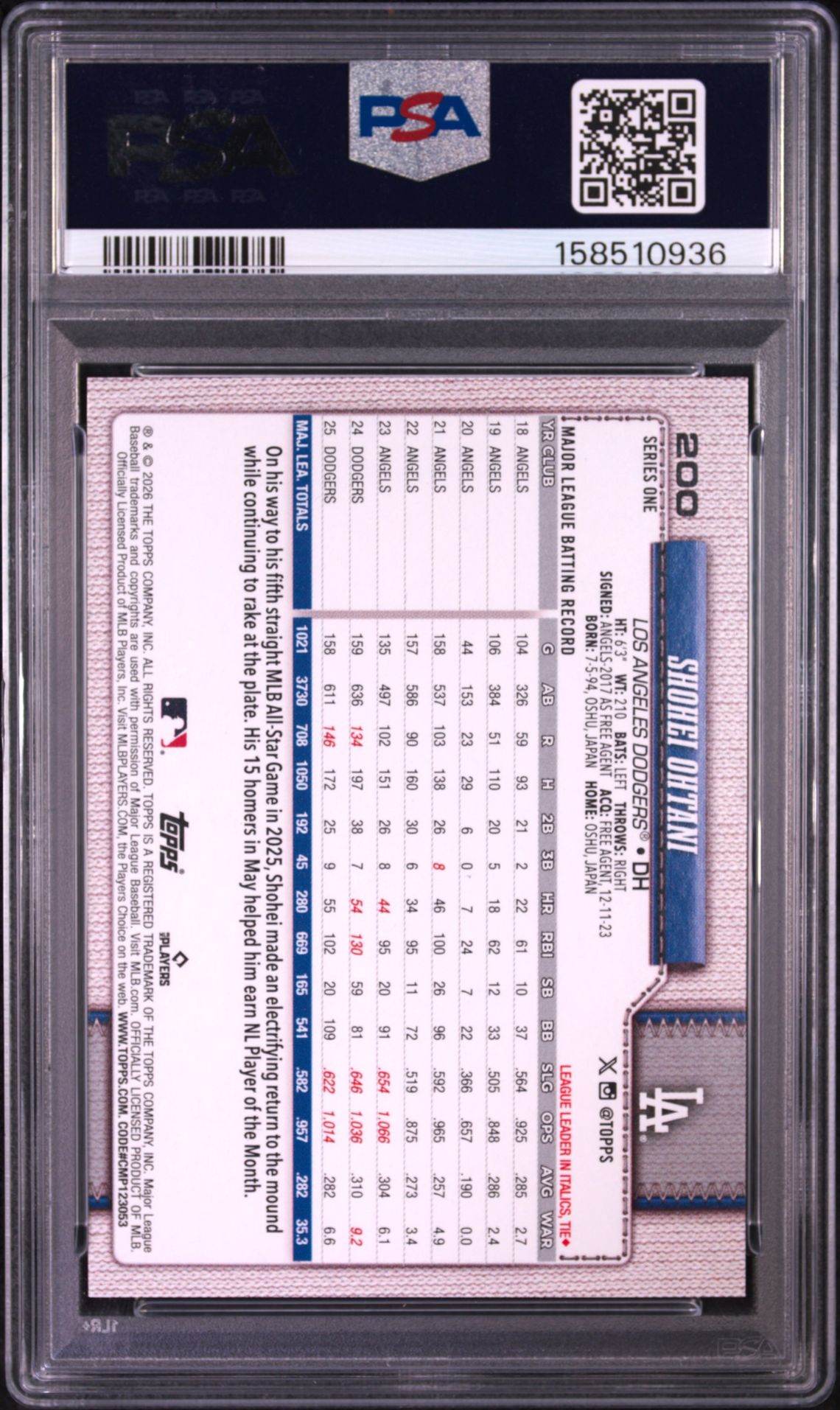 2026 Topps Shohei Ohtani #200 (Diamante) Gem Mt 10 back view - PSA certificate #158510936