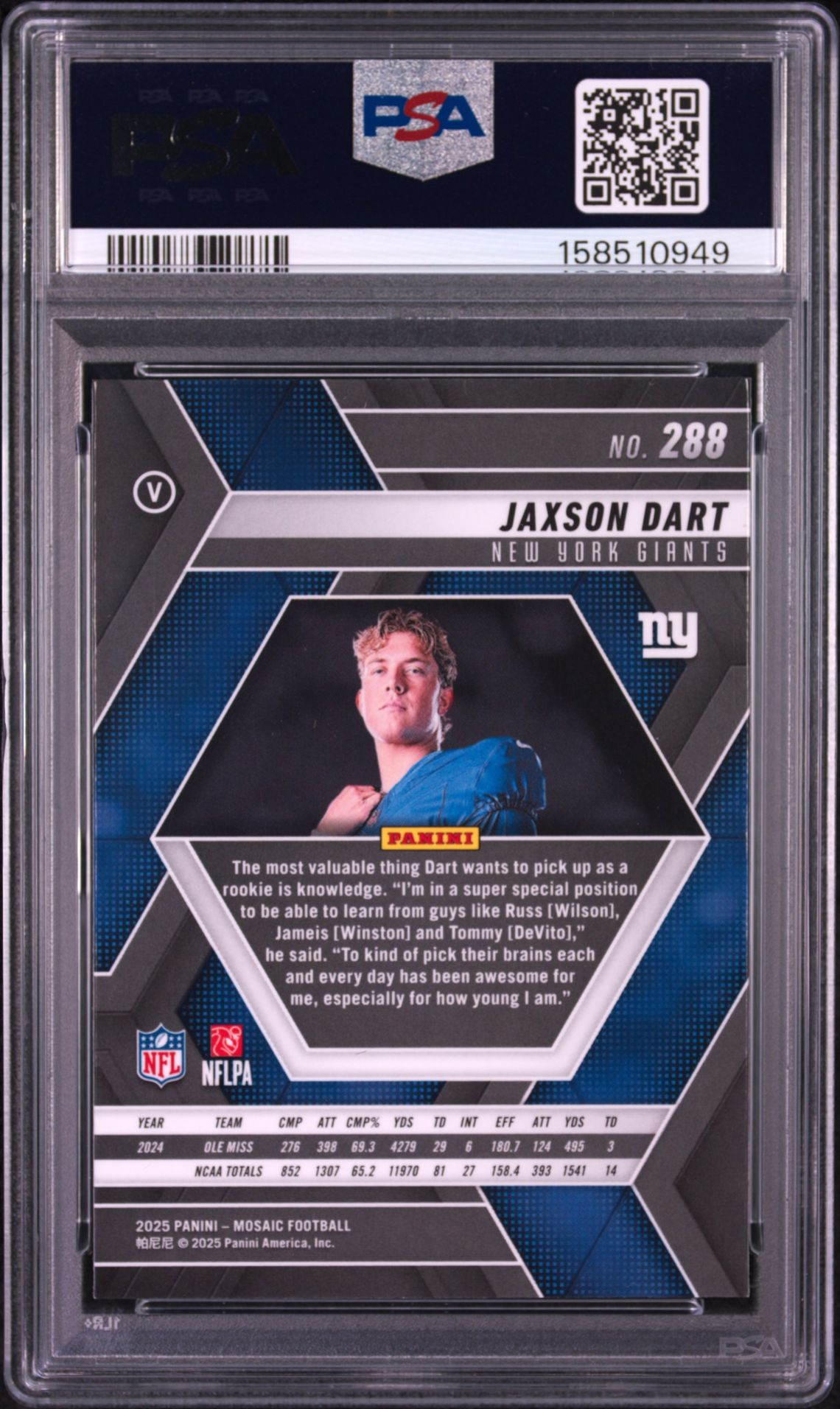 2025 Panini Mosaic Jaxson Dart #288 Mint 9 back